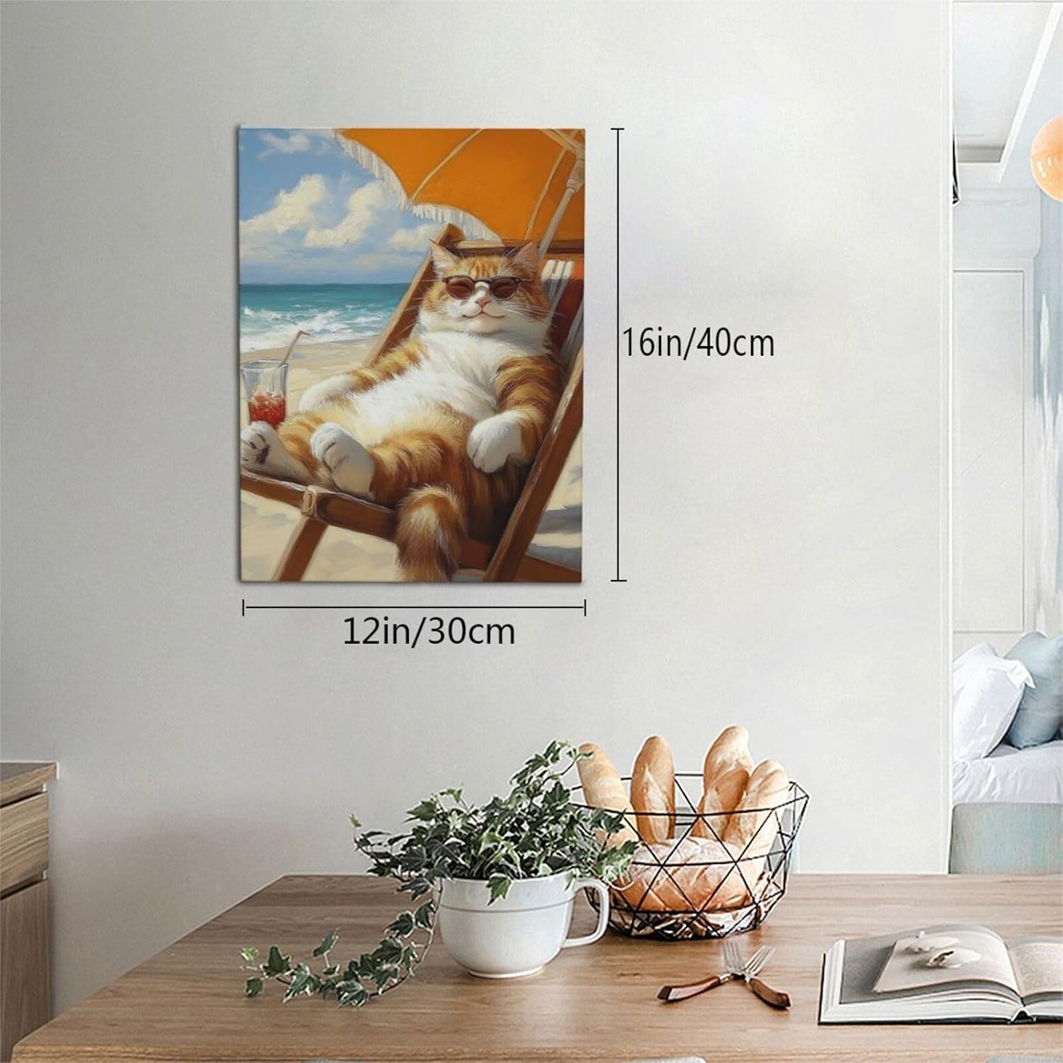 Funny Cat Beach Wall Art Cute Cat Ocean Canvas Wall Decor Coastal Kitten Pictures Paintings Prints Seaside Artwork Framed Seascape Decorations For Bathroom Bedroom Living Room Office Gifts 12" x 16"