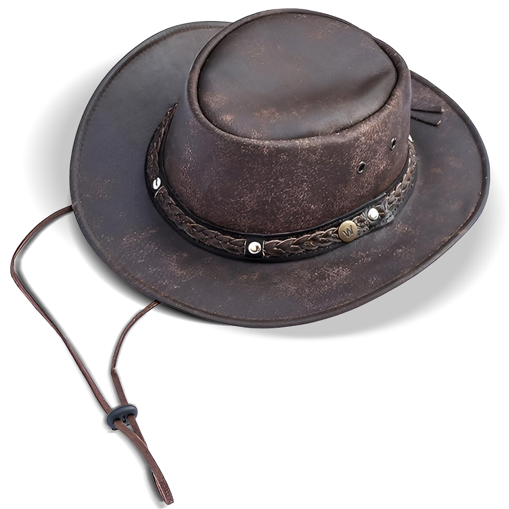 Wombat Australian Leather Hat, Lightweight Men’s Cowboy Hats with Chin Strap Women’s Foldable Bush Aussie Adventure Safari Adventure Outback, The Wilds - Brown