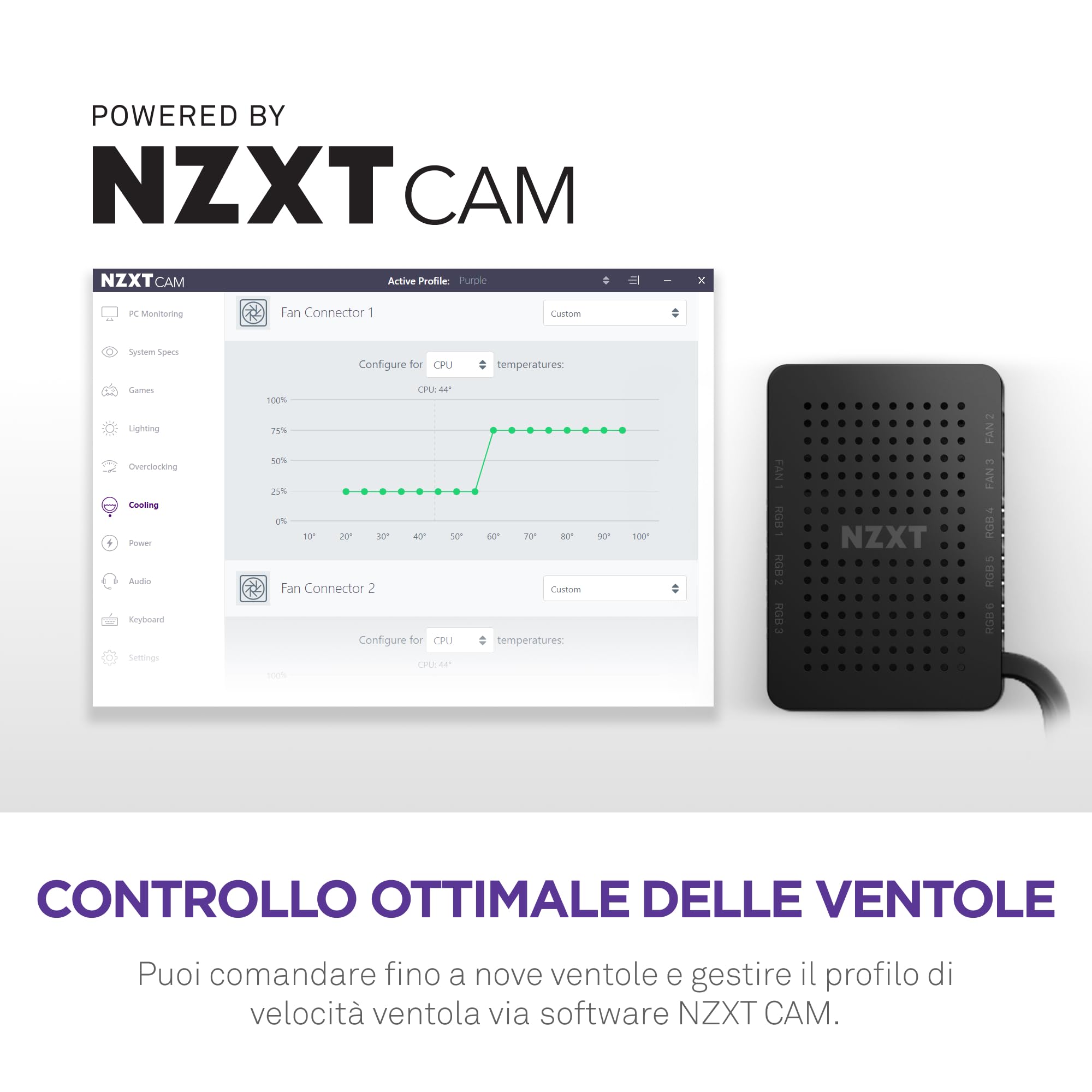 NZXT RGB & Fan Controller - AC-CRFR0-B1-6 canali di illuminazione ARGB - 3 canali ventola - Personalizzazione avanzata dell’illuminazione - Nero