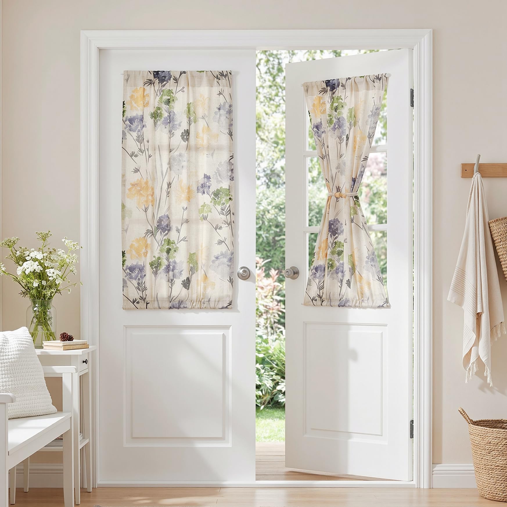 MYSKY HOME Floral Linen French Door Curtains 40 inch Long 2 Panels for Front Door Light Filtering Privacy Semi Sheer Window Curtains with Rod Pocket, Sage Green, 24" W Each Panel