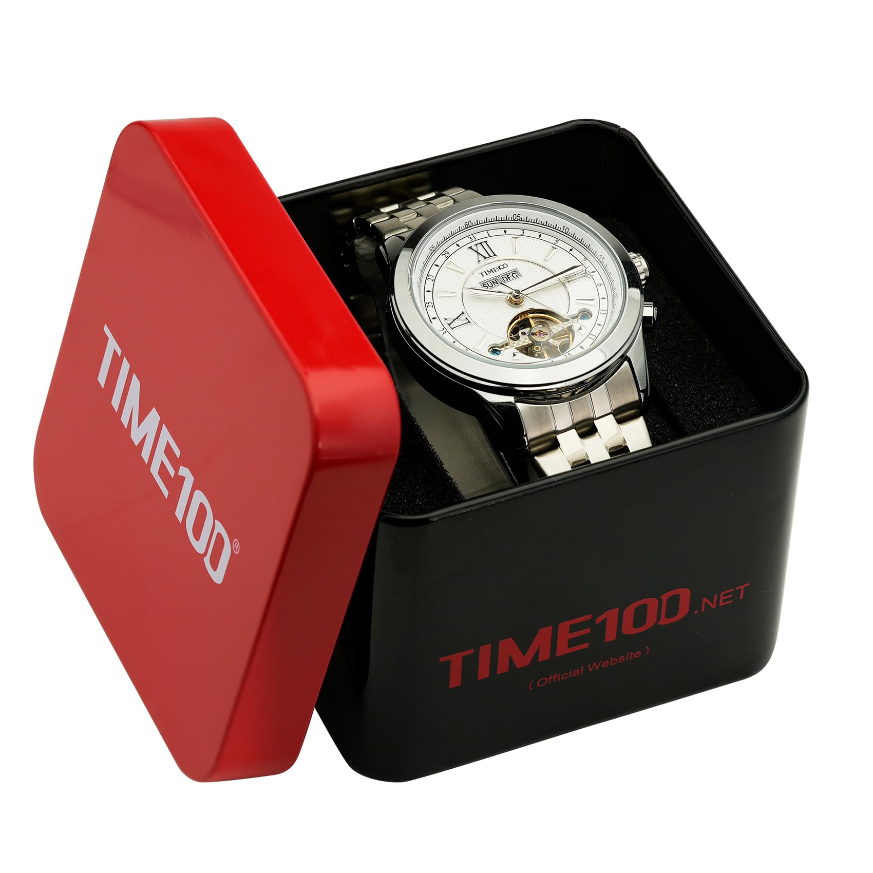TIME100 Relojes Automáticos Mecánicos para Hombre con Diseño Skeleton, Correa de Acero o Cuero, Calendario Multifunción y Resistencia al Agua
