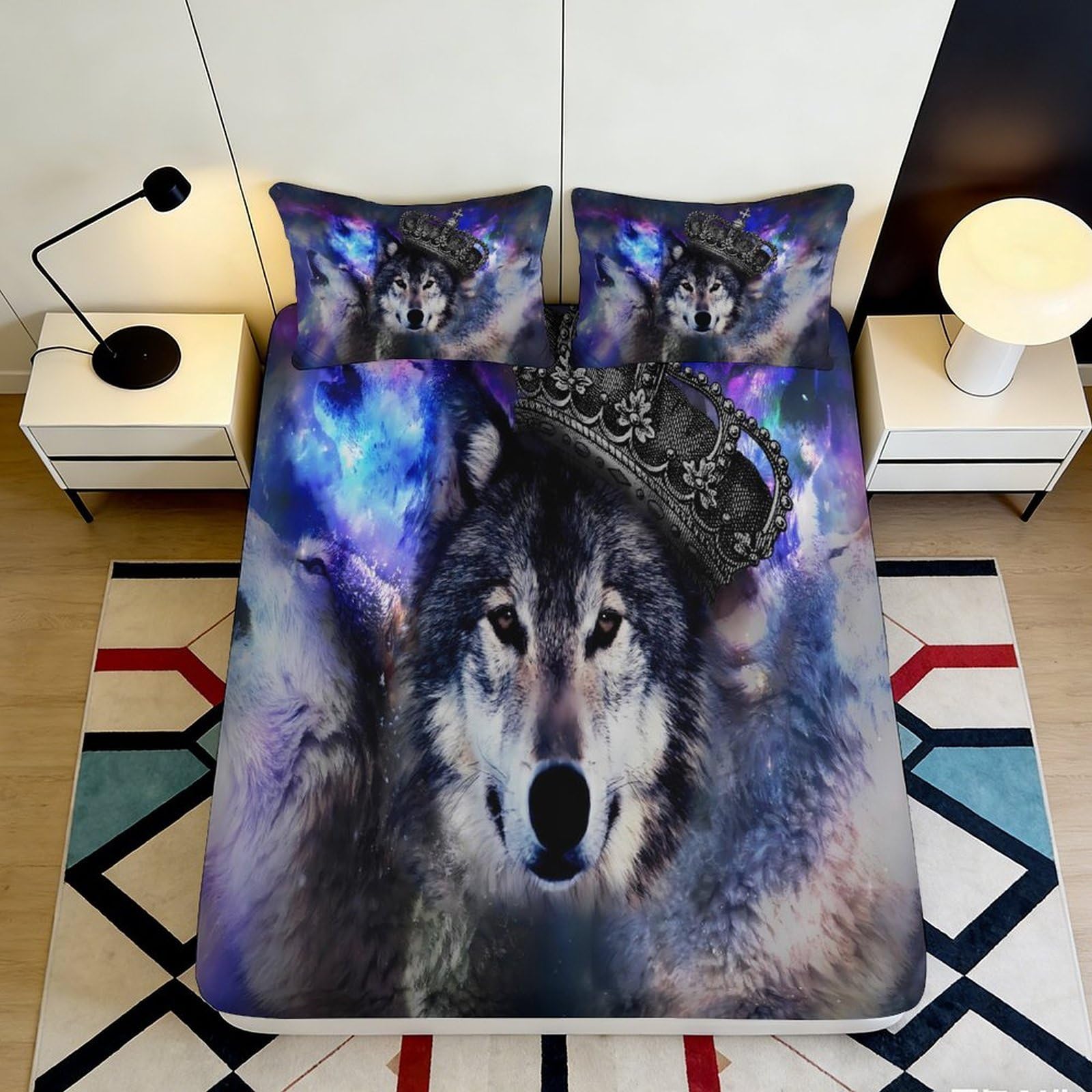 3D Printed Wolf Galaxy Fitted Sheet Microfiber Bedroom Decor Cosmic Nebula Mattress Cover Anti-Slip Easy Care for Home Guest Room 90x200x25cm