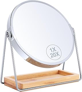 20X Magnifying Mirror with Bamboo Base, Vanity Makeup Mirror with 20X/1X Magnification for Magnifying Makeup Mirror, 360 Degree Rotation Tabletop Makeup Mirror, Round Mirror for Bedroom 8 in