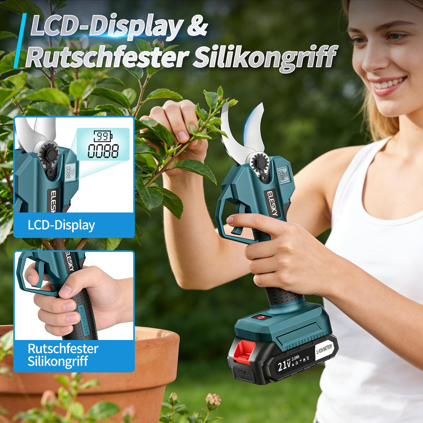 Akku-Astschere Professionelle Passend Kompatibel mit Makita Akku, 40mm Elektrische Gartenschere, SK5 Klingen, LED-Display, Doppelte Sicherheitsverriegelung für Garten, Sträucher und Äste