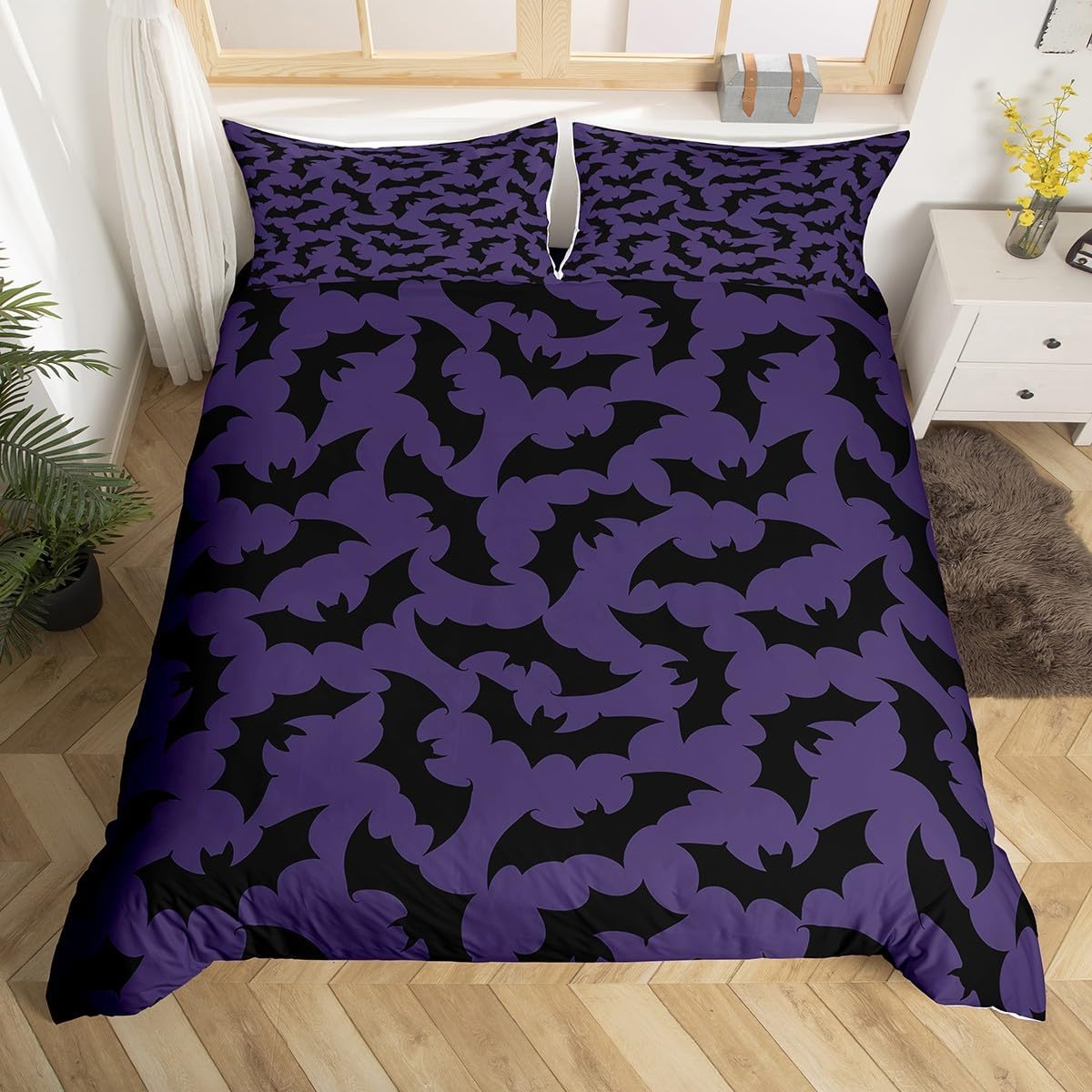 Feelyou Bat Bedding Set Twin Size Kids Happy Halloween Comforter Cover Set for Boys Girls Duvet Cover Trick or Treat Purple Bedspread Cover Room Decor Quilt Cover, 1x Duvet Cover+1x Pillow Sham