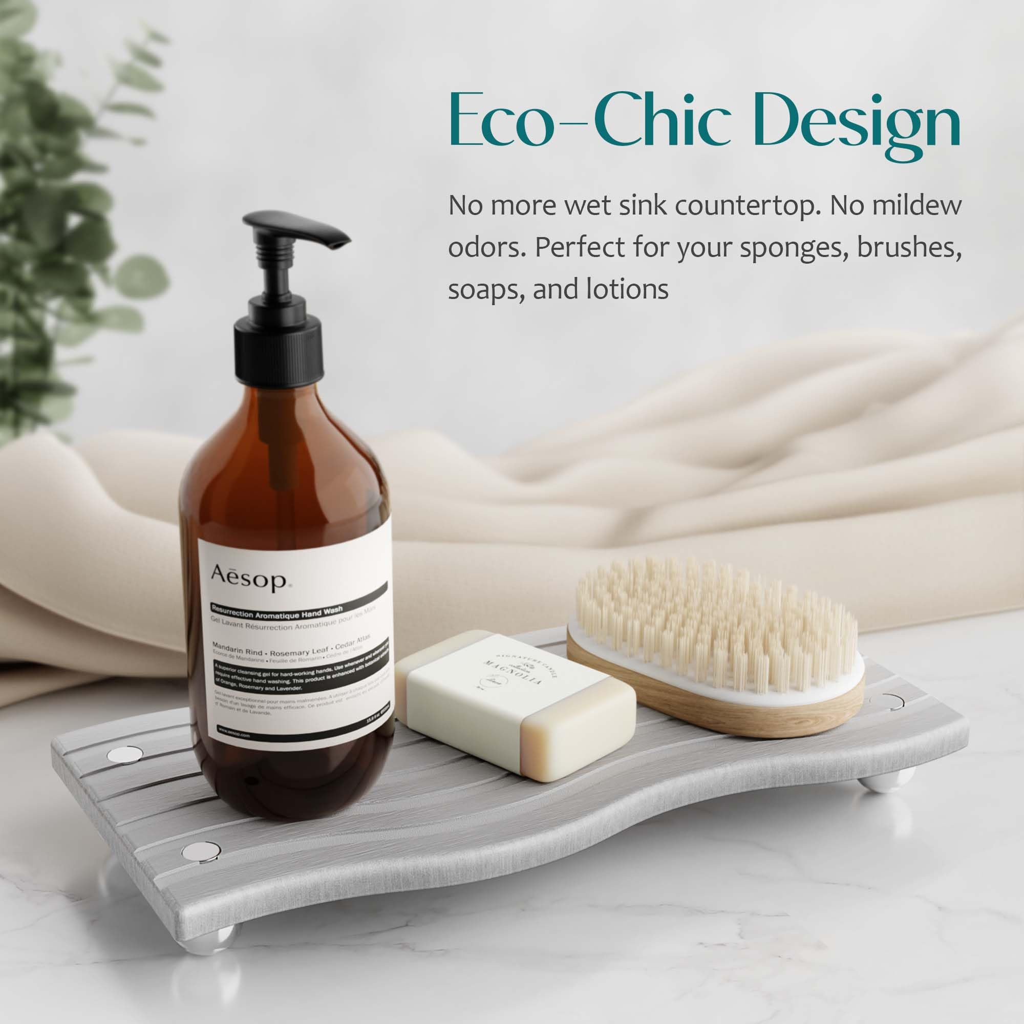 Water Absorbing Stone Tray for Sink, Diatomite Drying Stone for Kitchen Bathroom Counter, Decorative Raised-Feet Vanity Tray, Sink Caddy Organizer for Dish Soap & Sponge Holder [Grey, 9'' x 4'']