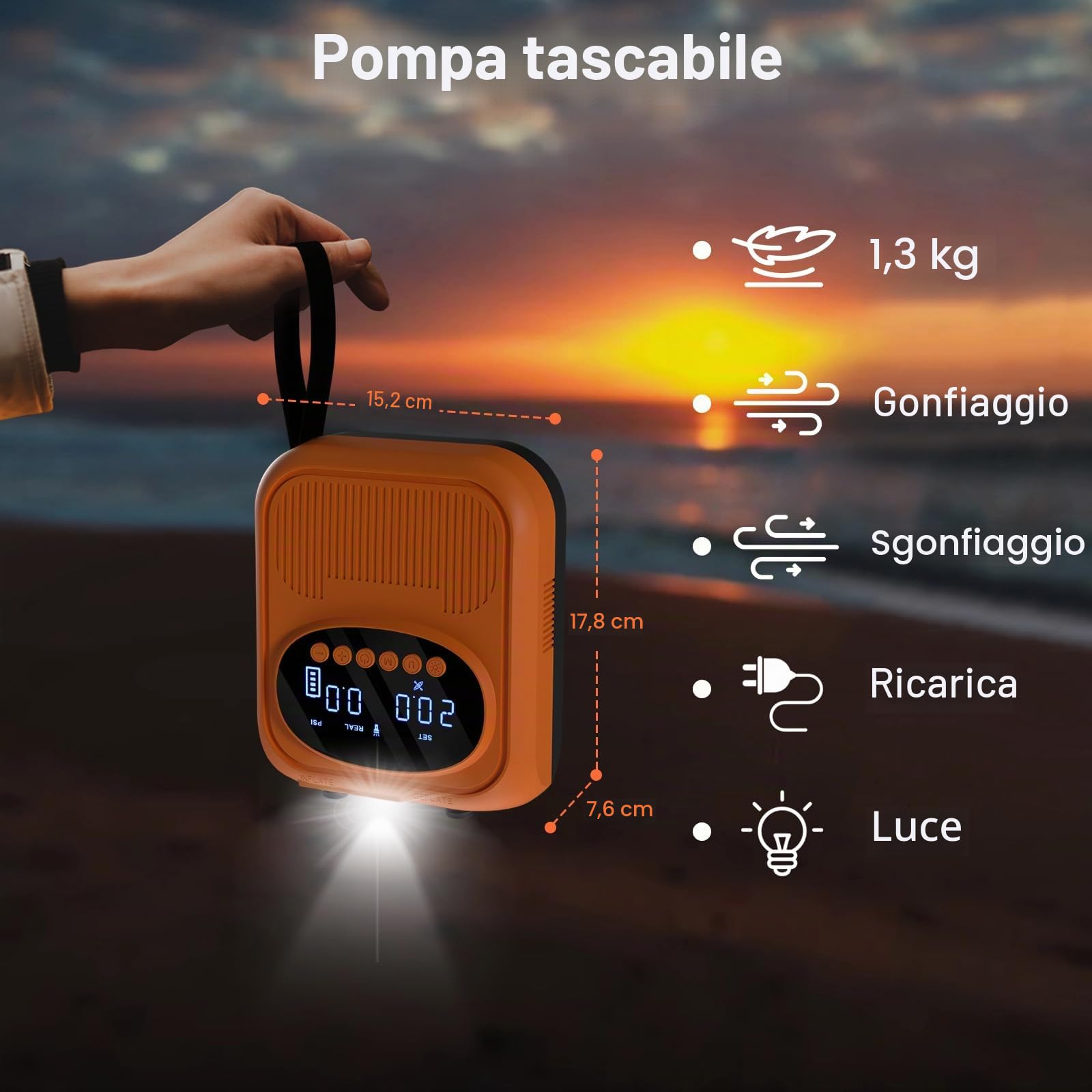 Mojimdo Pompa elettrica per SUP, pompa ad aria ricaricabile da 20PSI, alimentazione di emergenza e luce di emergenza, autospegnimento, 12V DC e Type-C, con 6 ugelli per Stand Up Paddle Boards