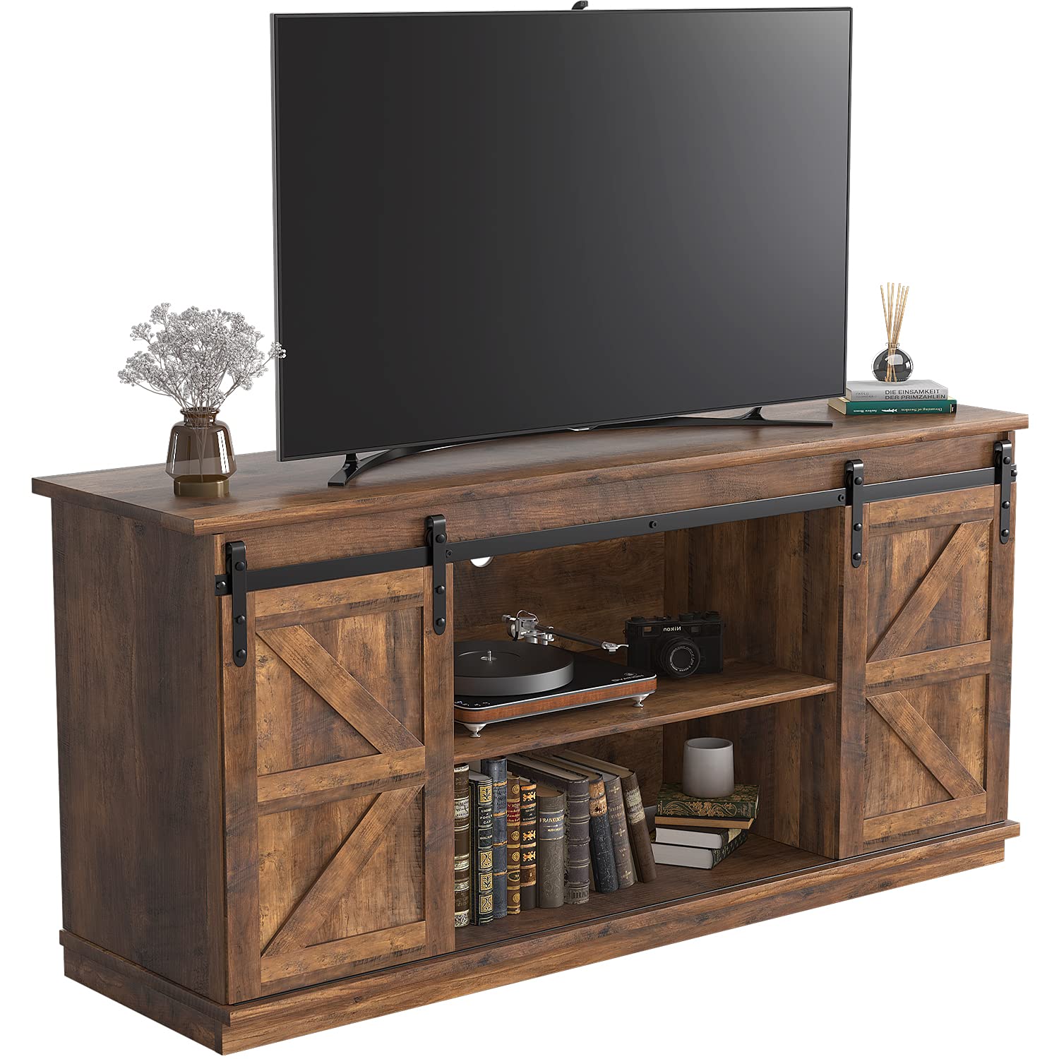 JUMMICO TV Stand for 65 Inch TV, Entertainment Center with Storage Cabinets and Sliding Barn Doors, Mid Century Modern Media TV Console Table for Living Room Bedroom (Rustic Oak)