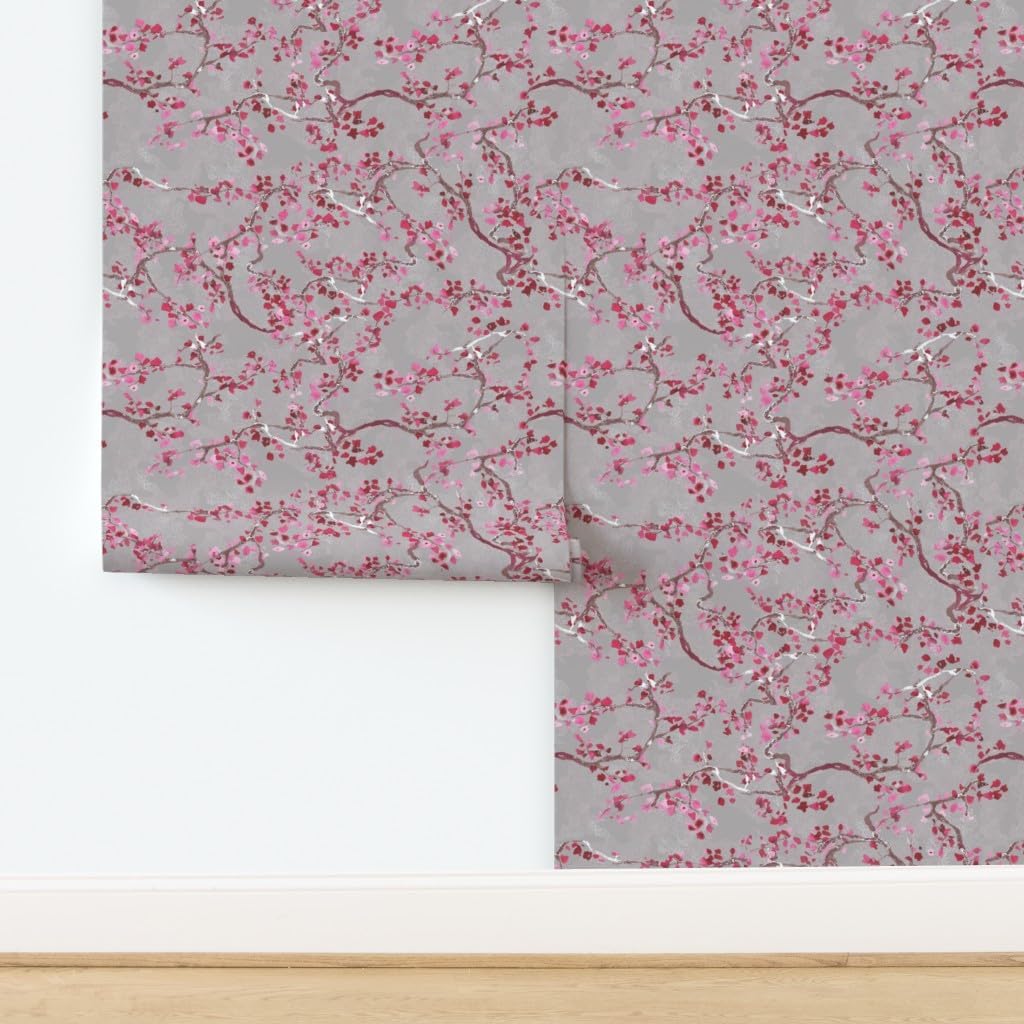 Spoonflower Removable Wallpaper 3ft x 2ft - Branches Bloom Floral Cherry Blossom Pink Gray Custom Pre-Pasted Wallpaper