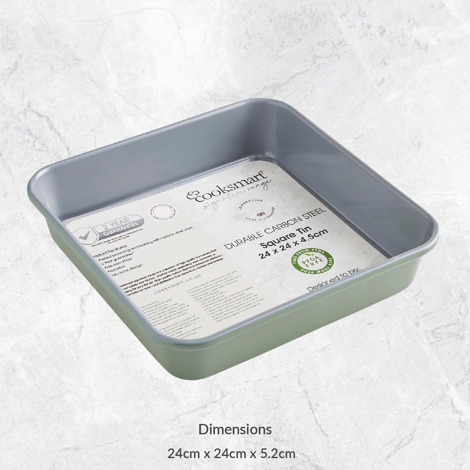 Cooksmart Signature zweifarbige quadratische Backform, 24 cm, grün, Premium-Karbonstahl, antihaftbeschichtet, gleichmäßige Wärmeverteilung, ofenfest, PFOA-frei, stilvolles zweifarbiges Design