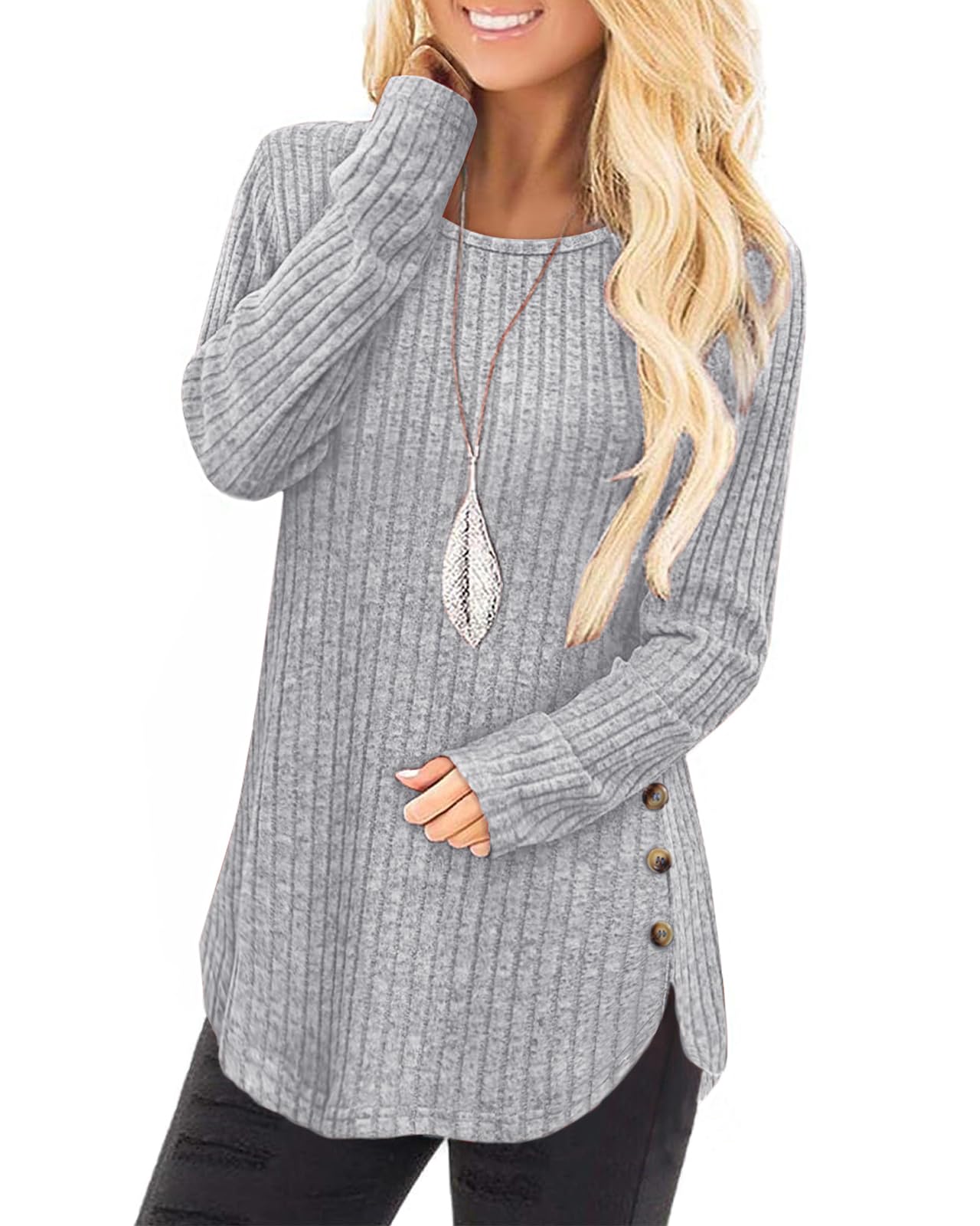 Tanmolo Damen Pullover Herbst elegant Oberteile Langarm Strickpullover mit Knopfdetail und Kabelstruktur Leichter Arc-Saum Rundhals Pulli