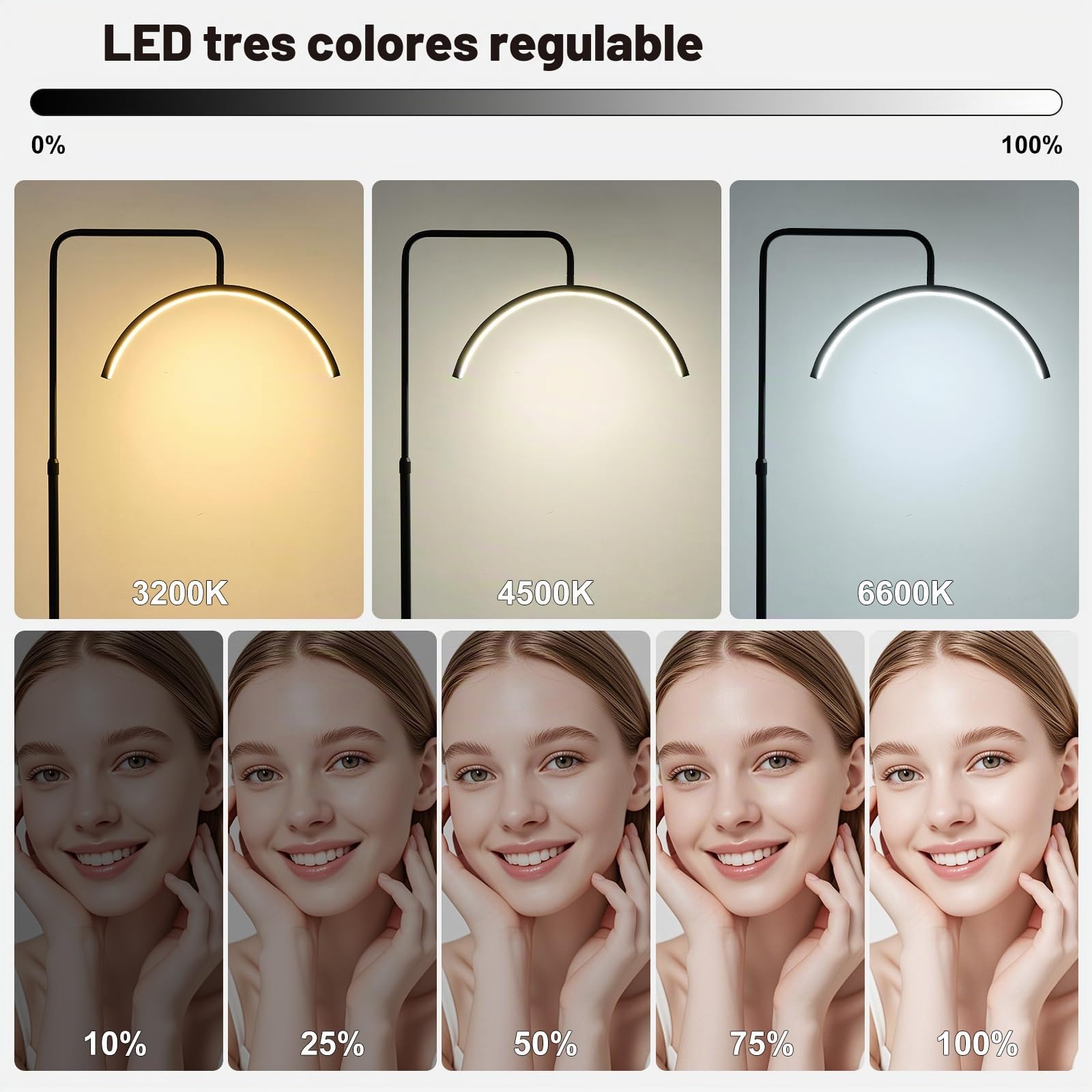 Lampara de Pie Curvada Forma de Media Luna Cabezal Ajustable 360° Altura Ajustable Lámpara de Pie LED Atenuación 3 Colores Extensión Pestañas y Nelleza Luz Relleno Diaria Lampara de Pie Salon