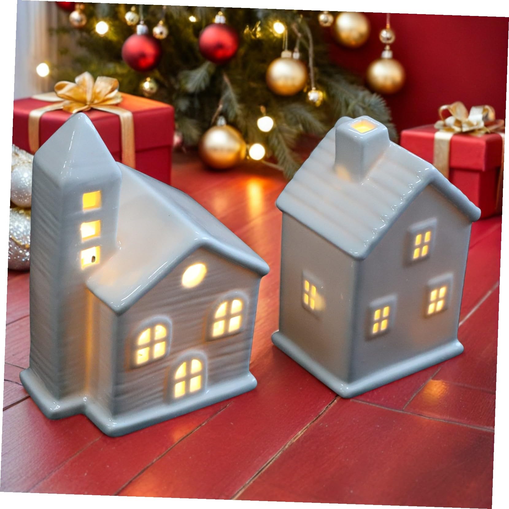 Ciieeo 2piezas Iluminación LED de Cerámica Adorno de Pueblo Casa Brillante de Cerámica Decoración Navideña de Pintada Mano Decoración de Árbol de Navidad Decoraciones Navideñas