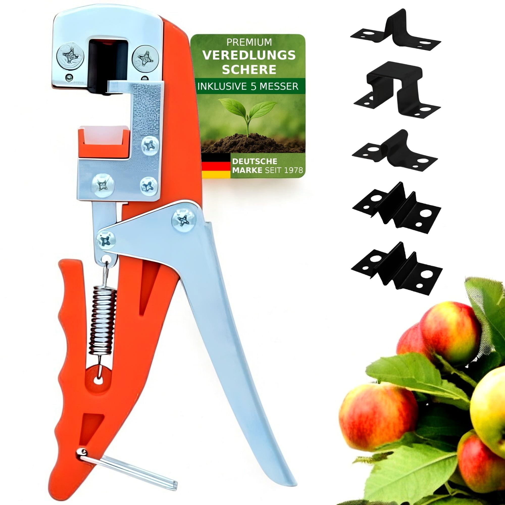 Premium Veredlungsschere mit 5 Messer, Omega V W Okulation, Veredlungsmesser Veredlungszange Gartenschere Rosenschere, 30 Jahre Qualität, Okulier-Schere Messer, Obstbäume Rosen Pflanzen