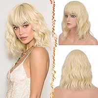 Vista 51 de BARSDAR Peluca rubia corta ondulada con flequillo, pelucas cortas onduladas de 14 pulgadas para mujer, pelucas sintéticas suaves hasta el hombro