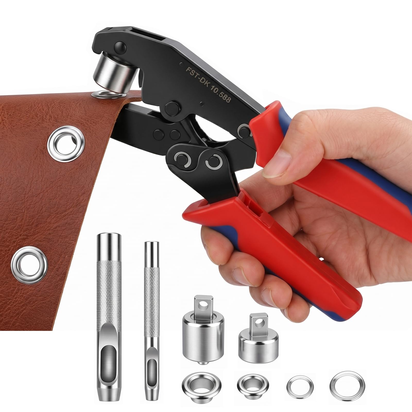Ösenzange Set mit 500 Rostfreien Ösen (250pcs Ø 6mm & 250pcs Ø 10mm) Magnetische Ösenpresse, Ratsche Ösenstanze mit Wechselbarem Stanzkopf, Ösenzange für Planen, Banner, Stoffe, Leder, Gürtel