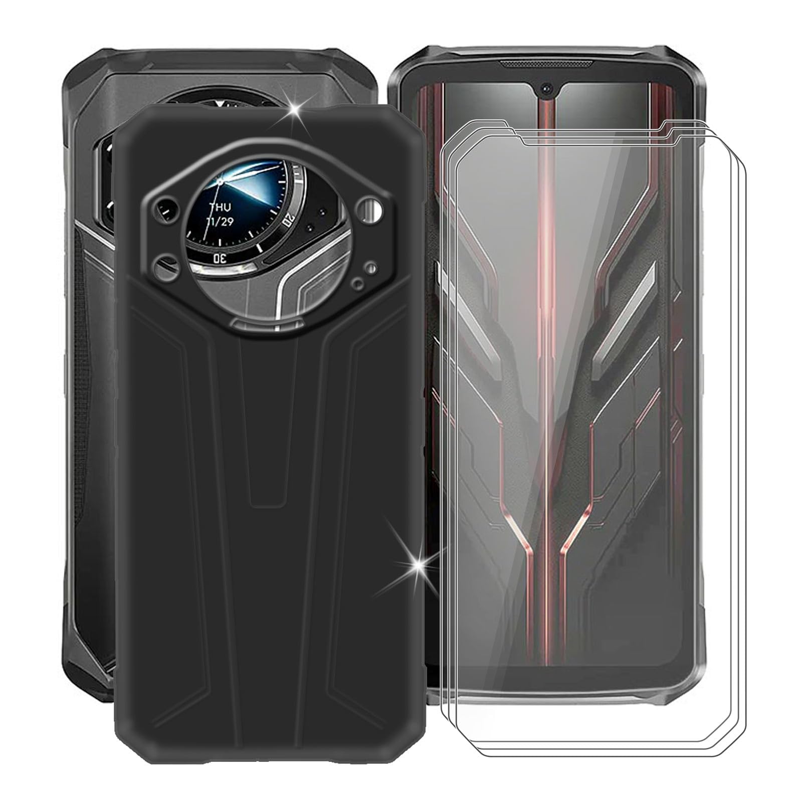 YQINHHME Phone Case for Doogee S119 (6.72") + 3 Pack Tempered Glass Protective Film, Soft Silicone Shockproof X Anti Scratch Shell TPU Slim Cover for