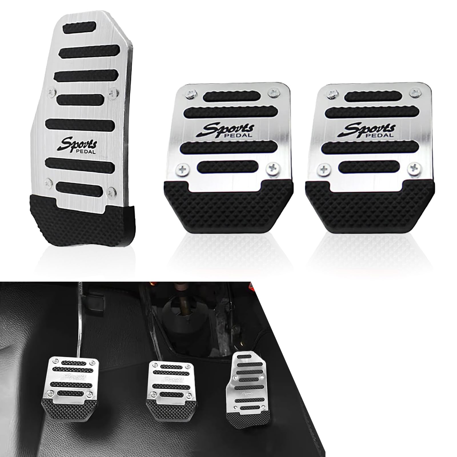 3 PCS Car Throttle + Brake + Clutch Pedal Kit, Thickened Alloy + High Elastic Striped Rubber Anti-Slip Transmission Pedal Cover Anti-Friction Pedal, for Most Manual Transmission Cars (Silver)