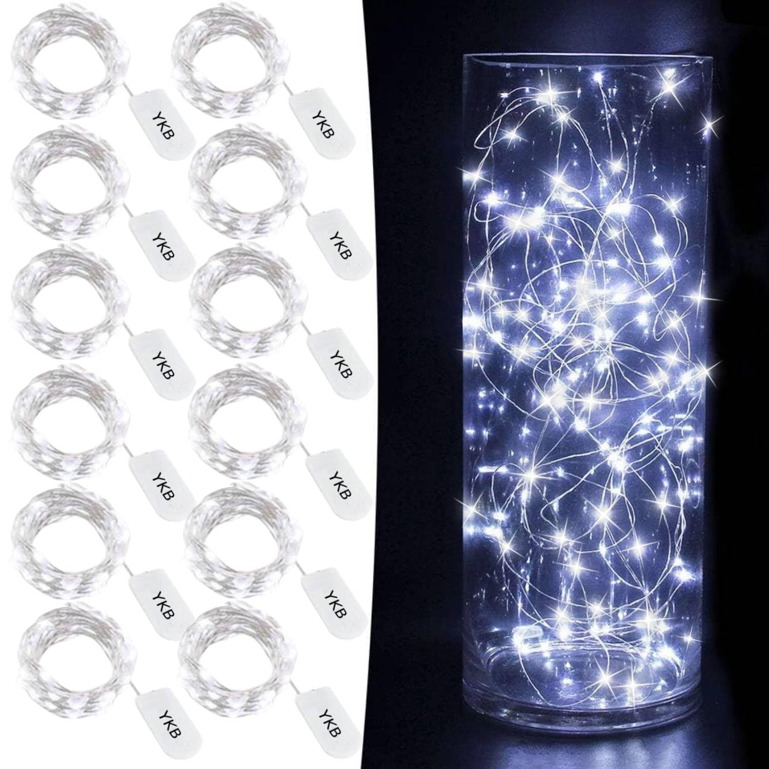 YKB 12 PCS White Fairy Lights LED String Lights Battery Powered, 20 Micro LEDs on 3.3ft/1m Silvery Copper Wire, Battery Operated String Lights by 2xCR2032, for Christmas Decorations Holiday Wedding