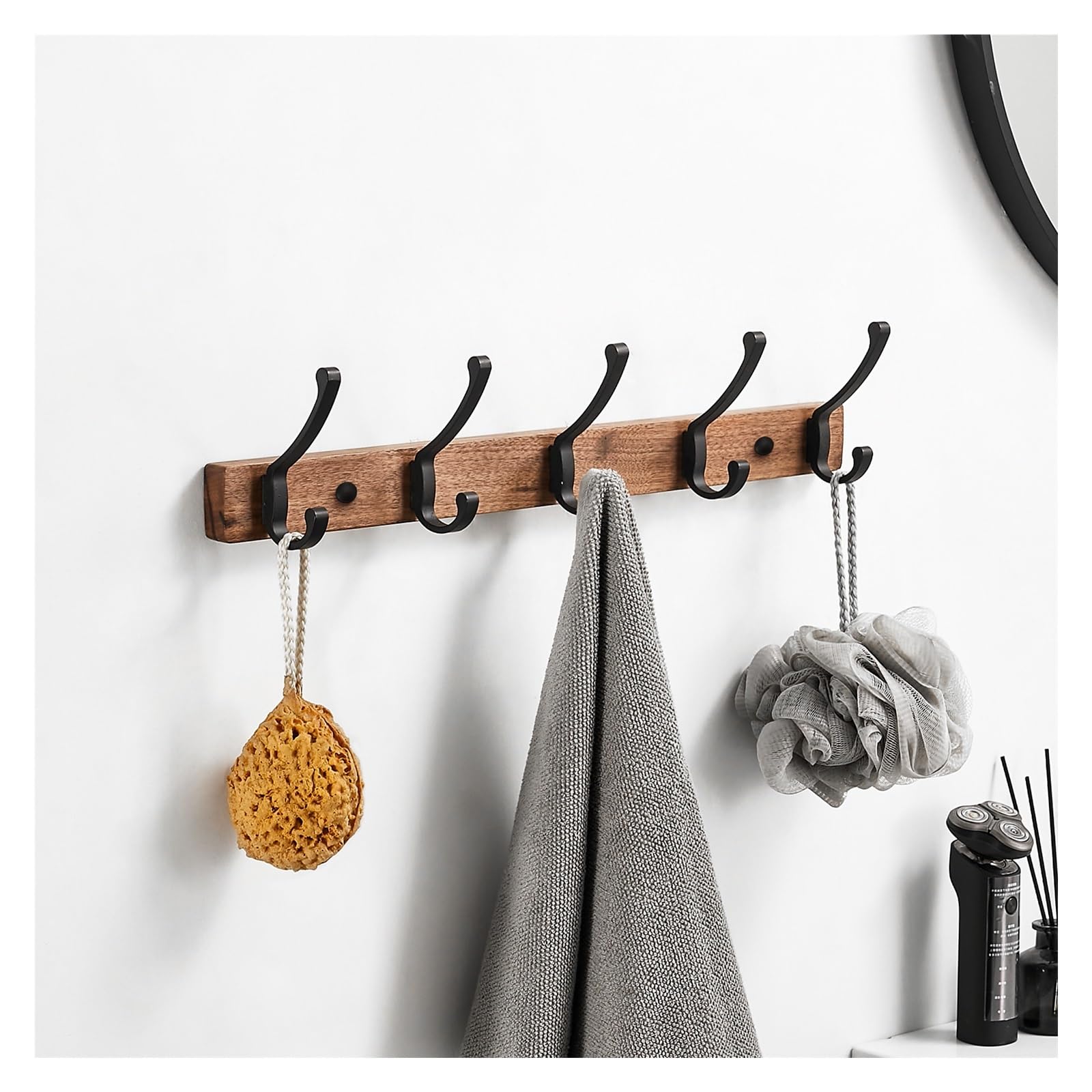 Suodebyy 112-5Hooks Coat Hooks Wall Mounted Black Wood Wall Hook Hanging