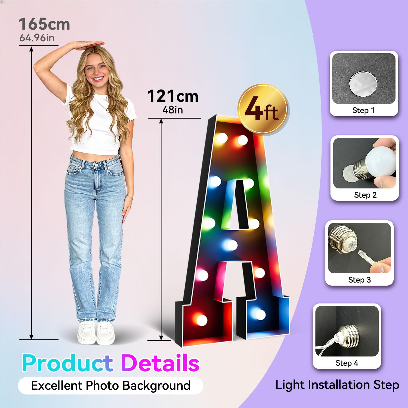 Ledido Grandes lettres lumineuses de 1,2 m pour décoration de fête, mariage, remise de diplôme, anniversaire, lettres de chapiteau noires de 1,2 m de haut avec télécommande, 34 couleurs changeantes