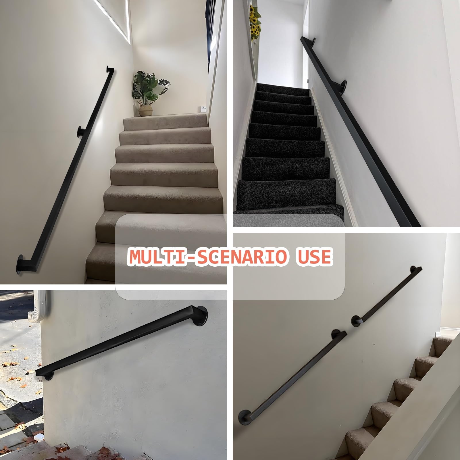 Schwarzer Haltegriff aus quadratischem Rohr für den Außenbereich, Handlauf mit Wandhalterungen und Metallschrauben, moderne Stützstange für Flure, mattschwarze Wandhalterung für Treppengeländer(330cm)