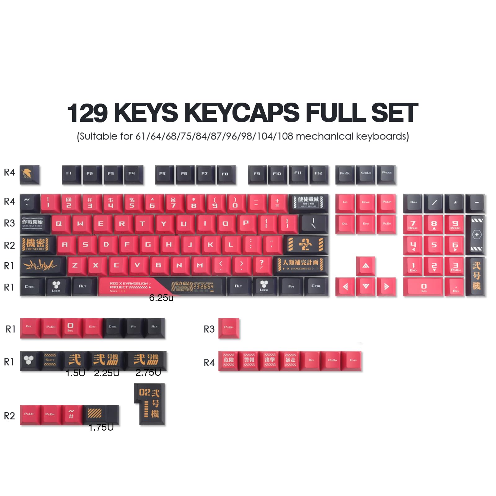 PBT Keycaps, 129 Touches Double Shot Keycaps Dye Sublimation Side Engraved Transparent Japanese Keycap Set for Cherry MX Switches ASIN/ISO Layout Mechanical Keyboards