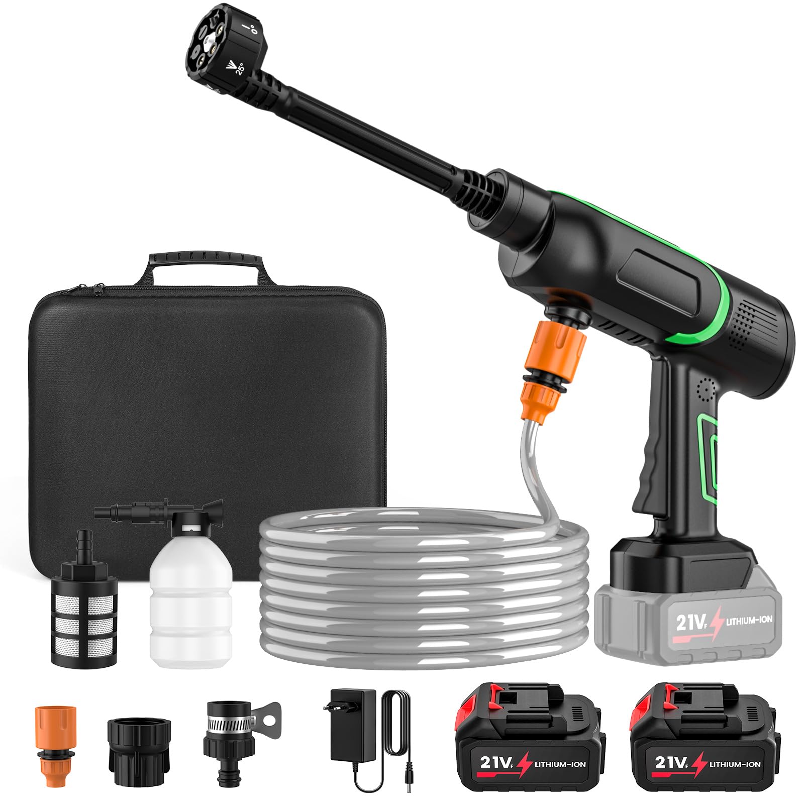 Hidrolimpiadora Bateria, 50 Bar, Portátil con 2 x 3.0Ah Batería, Boquilla 6 en 1, Regulación de Presión de 3 Etapas, Inalámbrica para Jardín, Coche