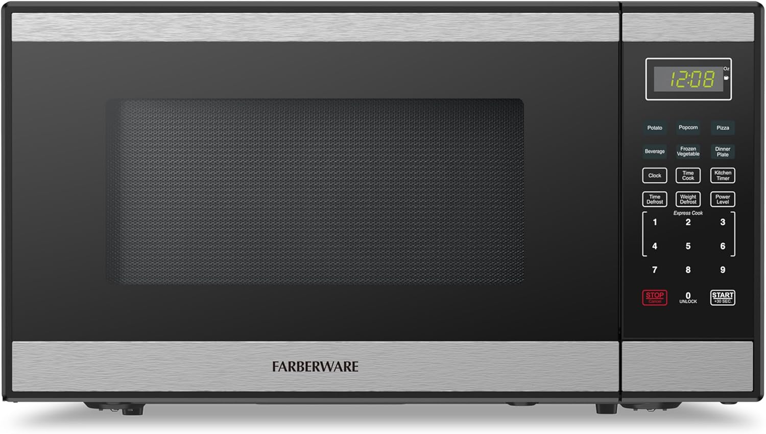 Farberware 1.1 Cu. Ft. Countertop Microwave Oven – 1000 Watts Power, Auto Cook Settings, Defrost, Easy Clean and Child Safety Lock - Stainless and Black 1.1 Cu. Ft Stainless Steel
