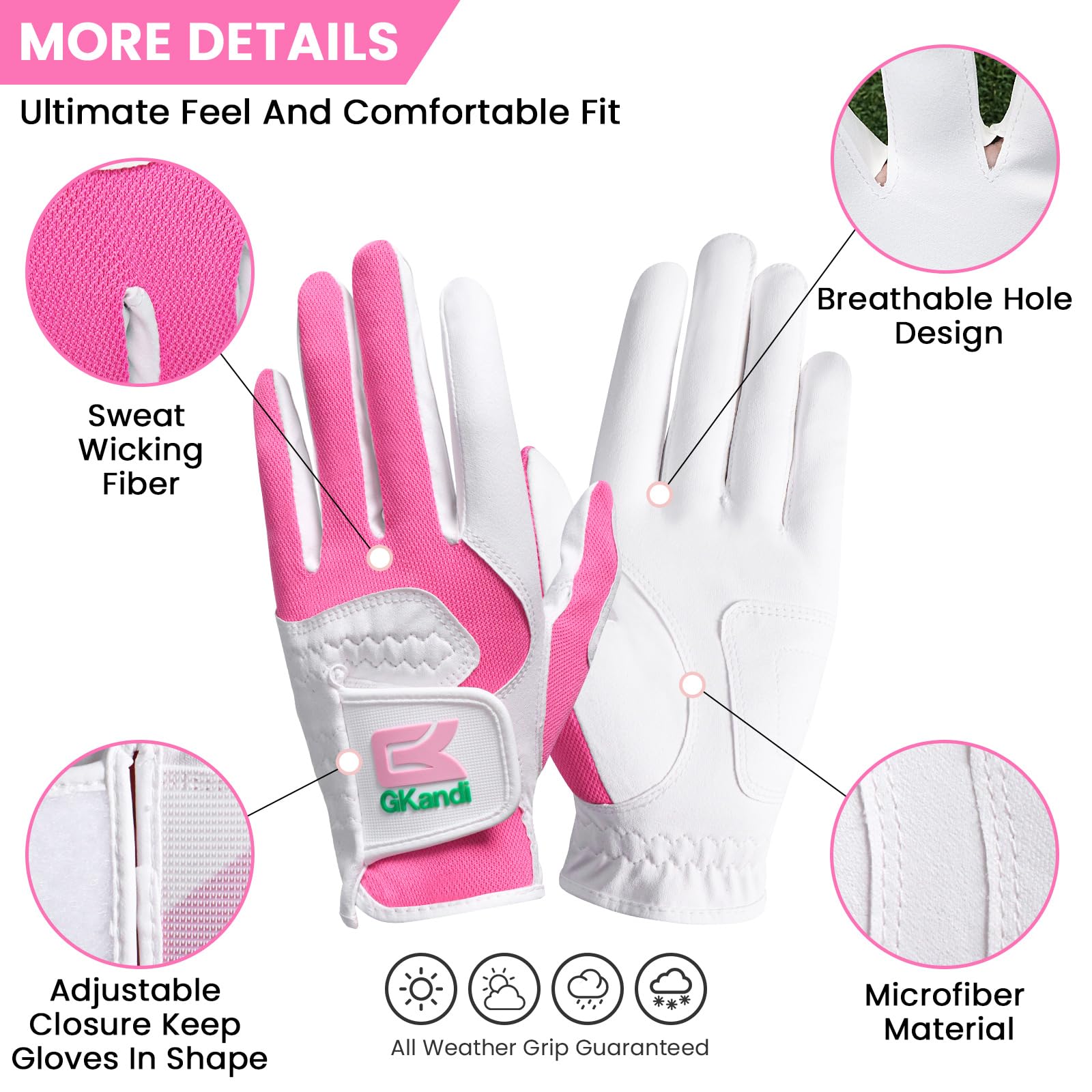 GKandi Golf Gloves Women Left Hand Right Rain Grip Mesh Microfiber Value Pack,Ladies Golf Glove Wet Hot Cool Weathersof All Weather Breathable Fit Small Medium Large (Pink - Image 2