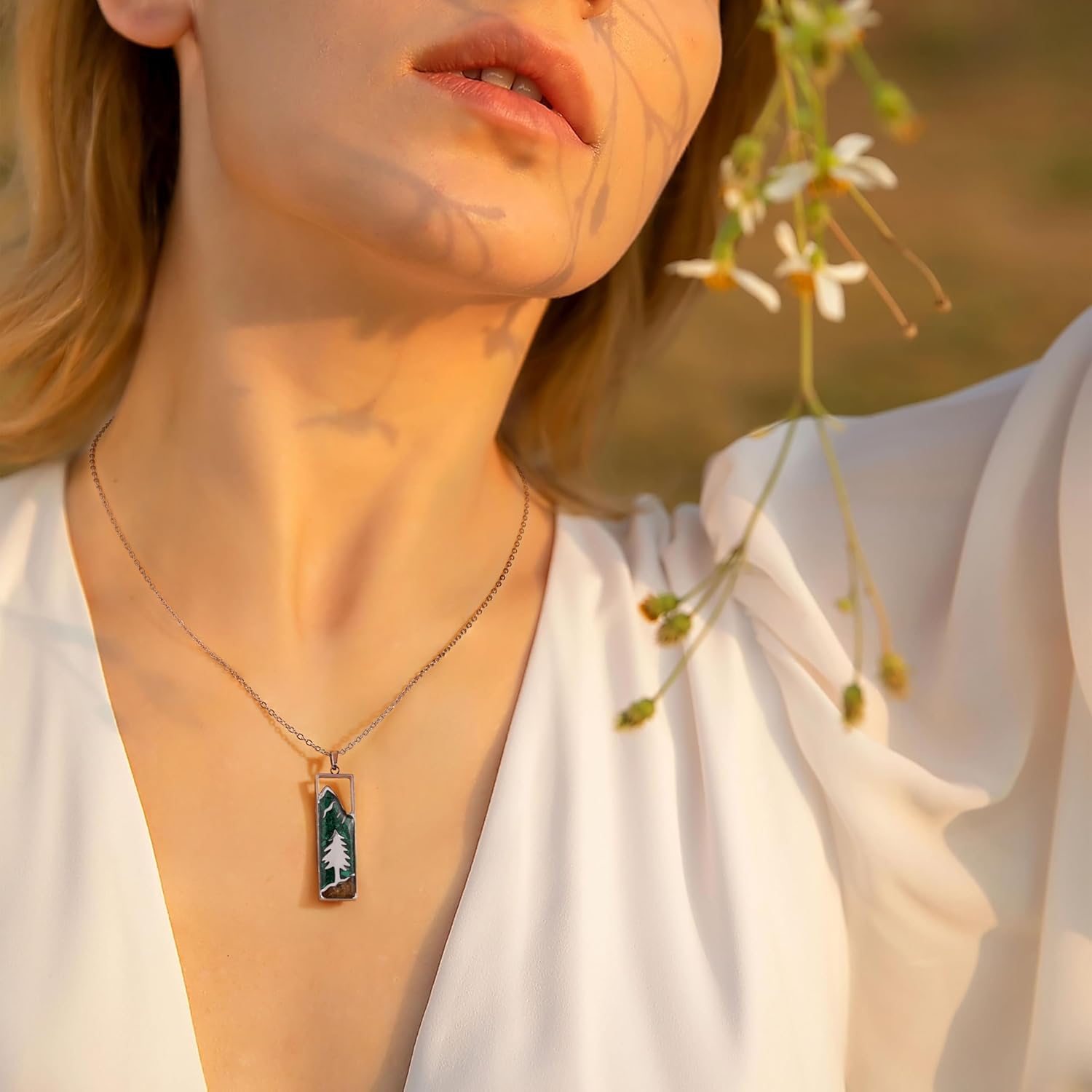 Turquoise Chips Mountain Necklace Pine Tree Necklace, Tiny Mountain Forest Nature Wilderness Trees Stainless Steel Necklace Inspirational Gifts for Women Skiers, Hikers, Climbers and Nature Lovers