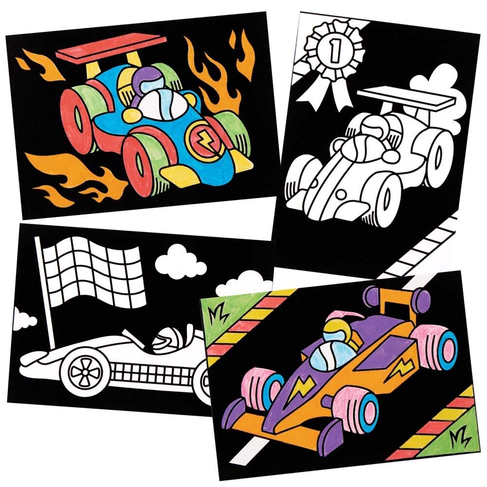 Baker Ross FE617 Racing Car Colour-in Pictures , Make Your Own Picture Crafts,Creative Activities for Kids,Black,Pack of 10