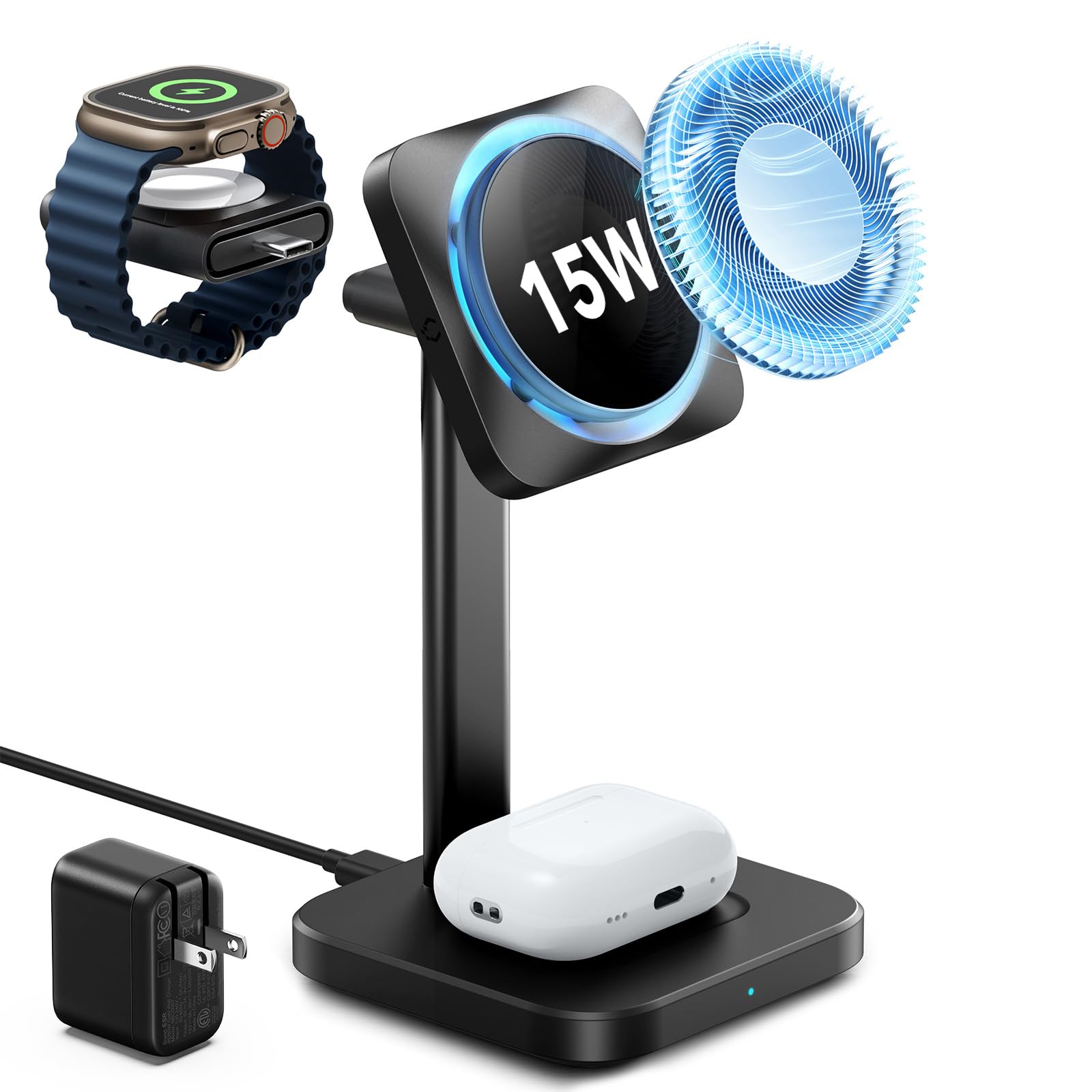 ESR for MagSafe Charger Stand, 3 in 1 Charging Station with CryoBoost, Phone-Cooling Wireless Charging, 15W MagSafe Stand, for iPhone 17/16/15/14/13/12, AirPods, Apple Watch, Black