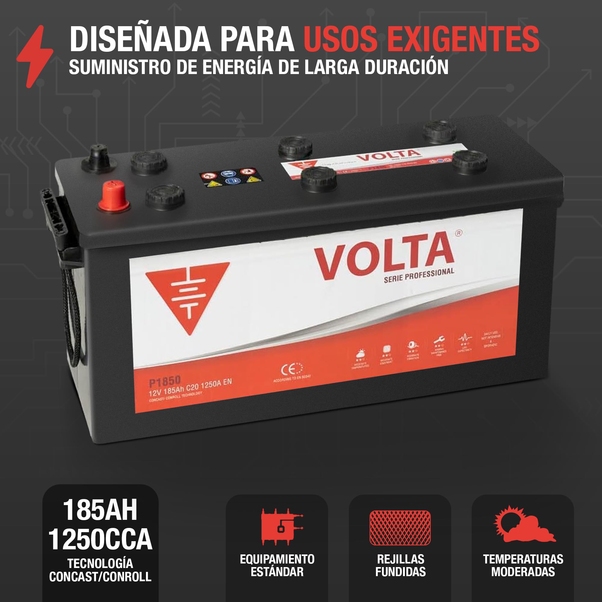 Bateria de Camión Professional 185Ah 1250A - Borne +Dcha - Medidas Largo 513 x Ancho 223 x Alto 223 mm con 2 años de Garantía - Fabricación Europea.