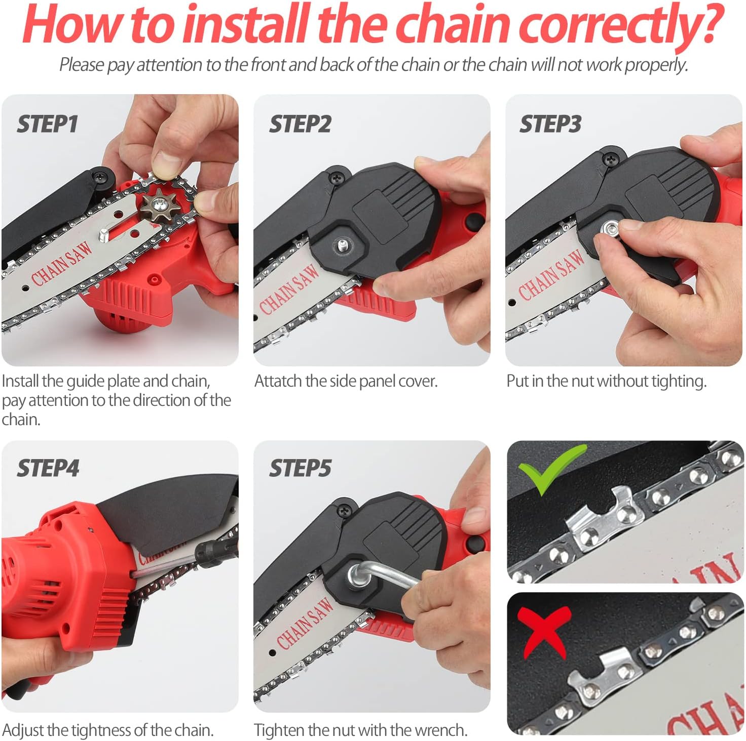 Foonsen Mini Chainsaw Cordless, 4 Inch Handheld Small Chainsaw Rechargeable Battery Powered, One-Hand Operated Electric Portable Chain Saws for Trees Trimming and Branch Wood Cutting, Red