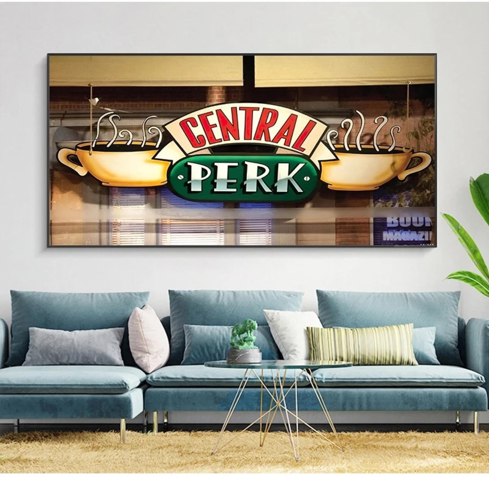 FKKJPJ Central Perk Cafe Dipinto su tela Amici Serie TV Poster e stampe Immagine scandinava da parete per soggiorno Decor 40x80in-100x200cm con cornice