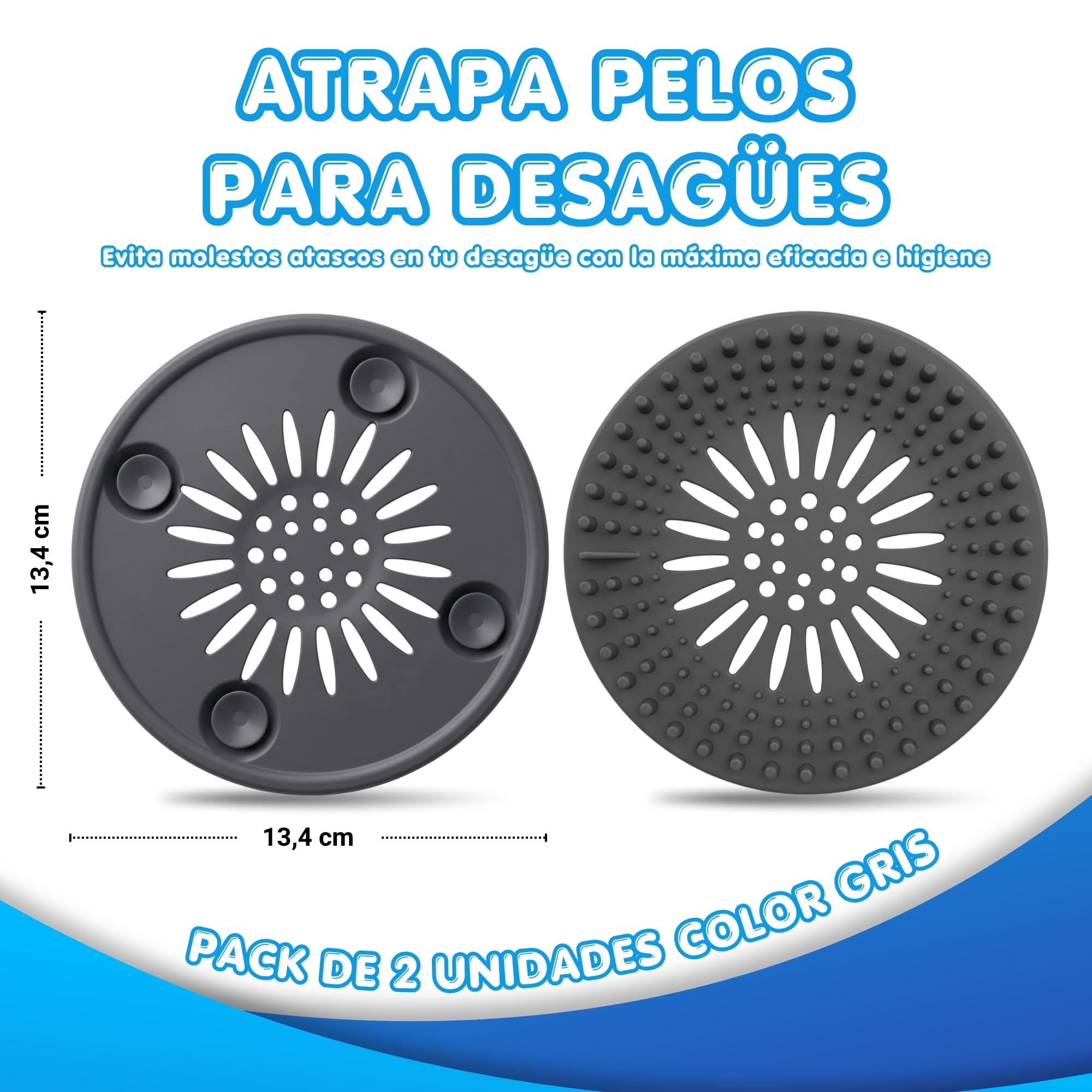 Atrapa Pelos Ducha | Rejilla Desague Ducha | Pack de 2 Unidades Color Gris con Ventosas | Filtro Desague para Bañera y Fregadero | para Evitar Cucarachas y Atascos.