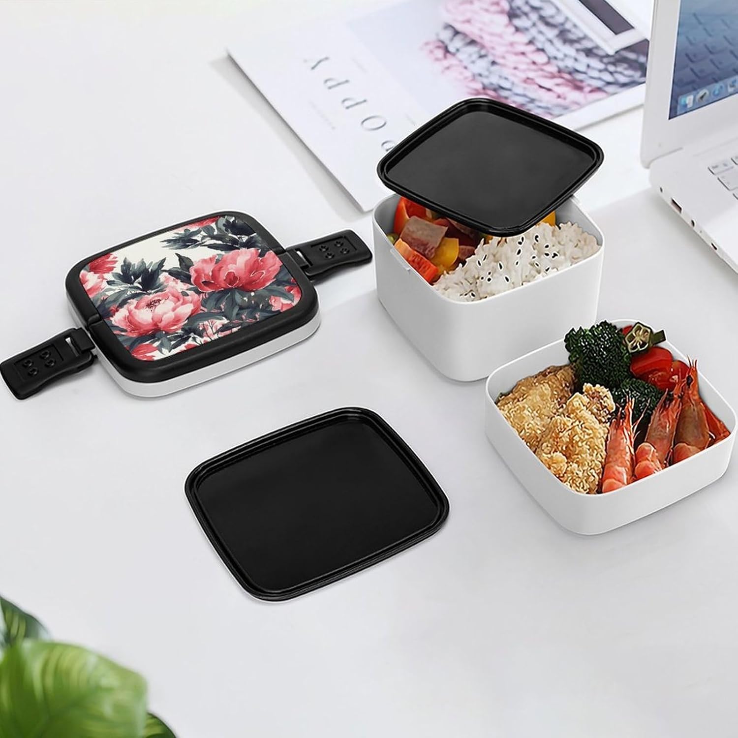 Peonies Spring Bento Box Stackable Lunch Box Salad Lunch Container Leak-Proof Bento Box for Adult Dining Out Work Picnic Travel