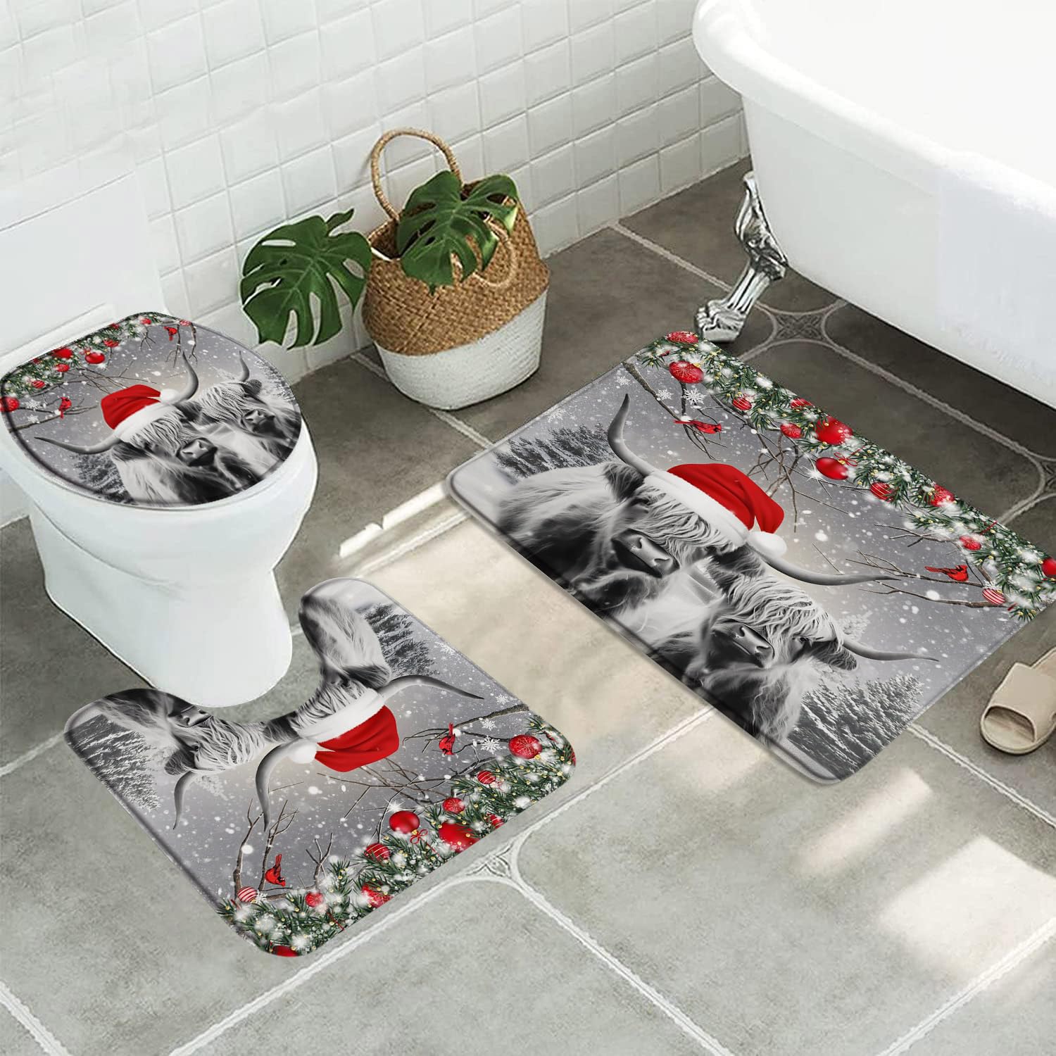 3pcs Christmas Highland Cow Bathroom Sets with Non-Slip Rug,Toilet Lid Cover and Bath Mat,Grey Winter Forest Animal Red Birds Pine Fir Tree Xmas Balls Snow Scenery Bathroom Carpet Bath Mat Toilet Rugs