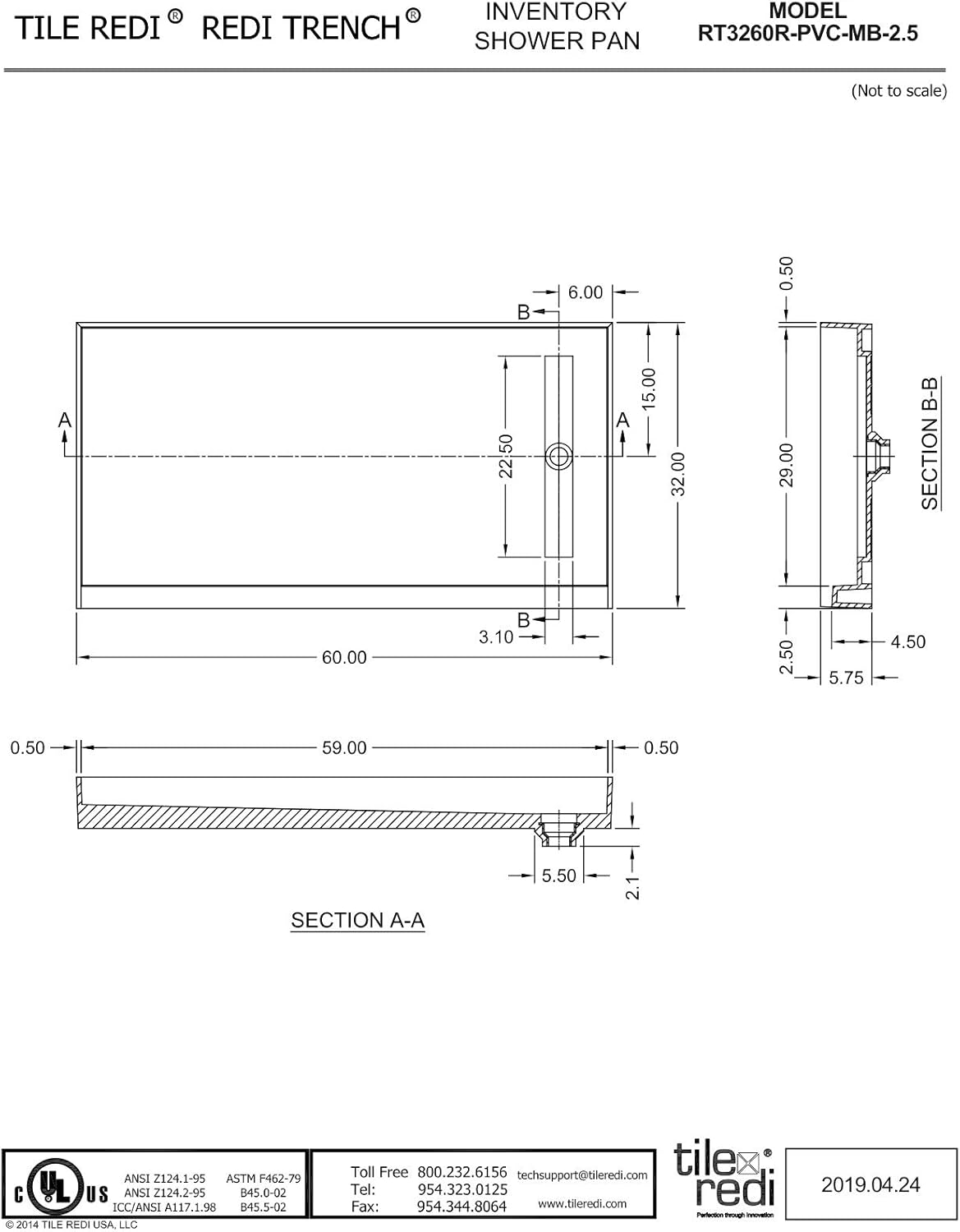 Tile Redi RT3260R-PVC-MB-2.5 Redi Trench Shower Pan, Matte Black