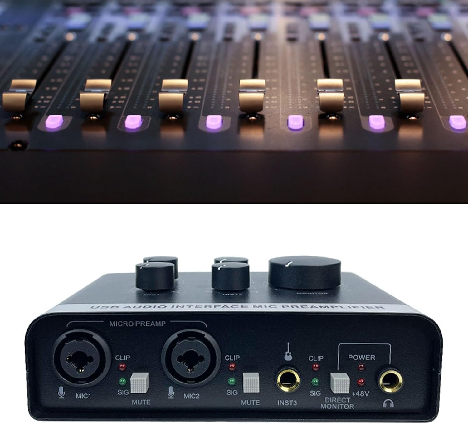 Audio Mixer for Microphones & Instrument, 24Bit USB Sound Interface 48V Power, Individual Control,Volume Fader, for Podcast/Recording/Vocal/Game Voice