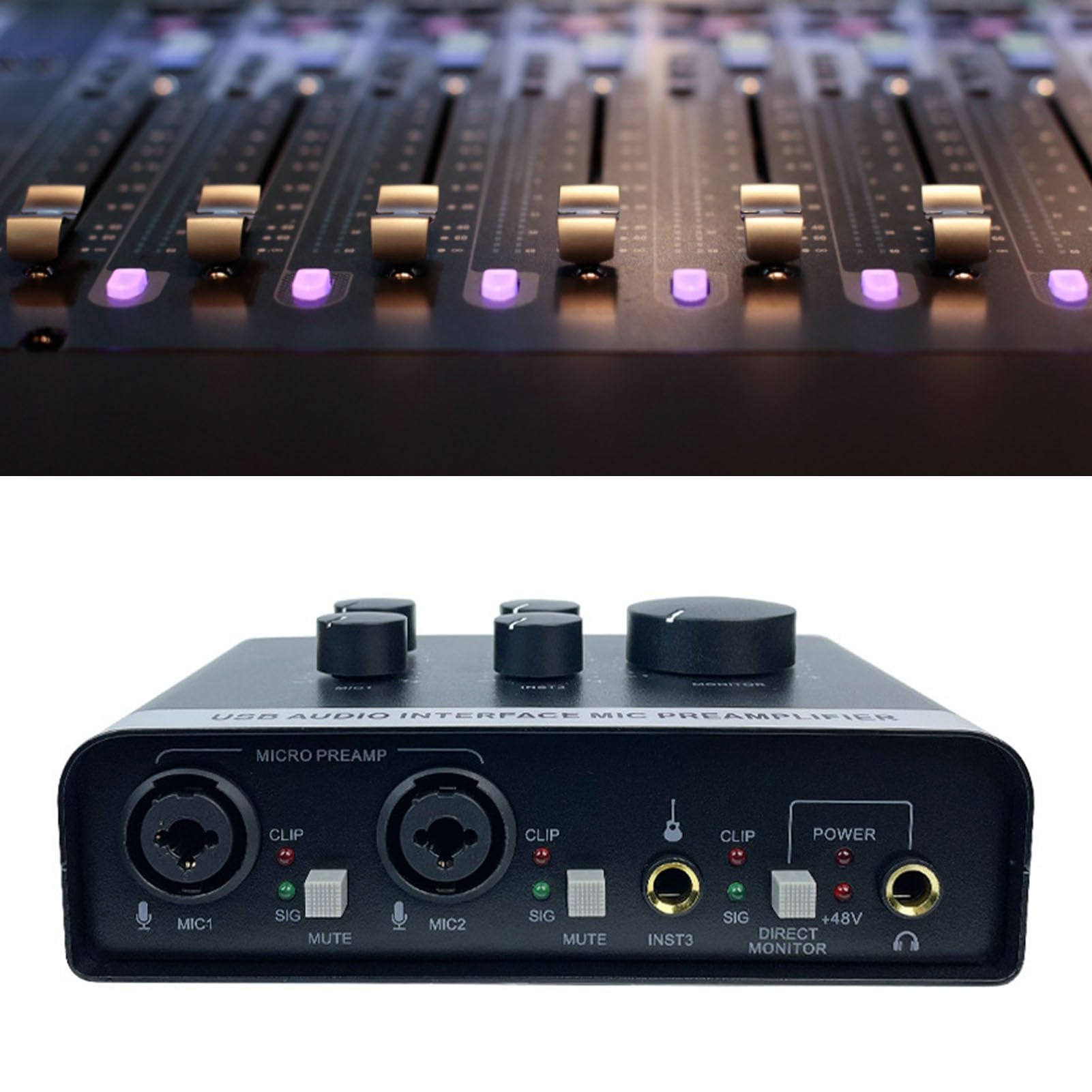 Interfaz de Audio USB con Preamplificador de Micrófono, Mezclador de Sonido Profesional 2 en 2 Salidas y Preamplificador de Micrófono con Alimentación Fantasma de 48 V para