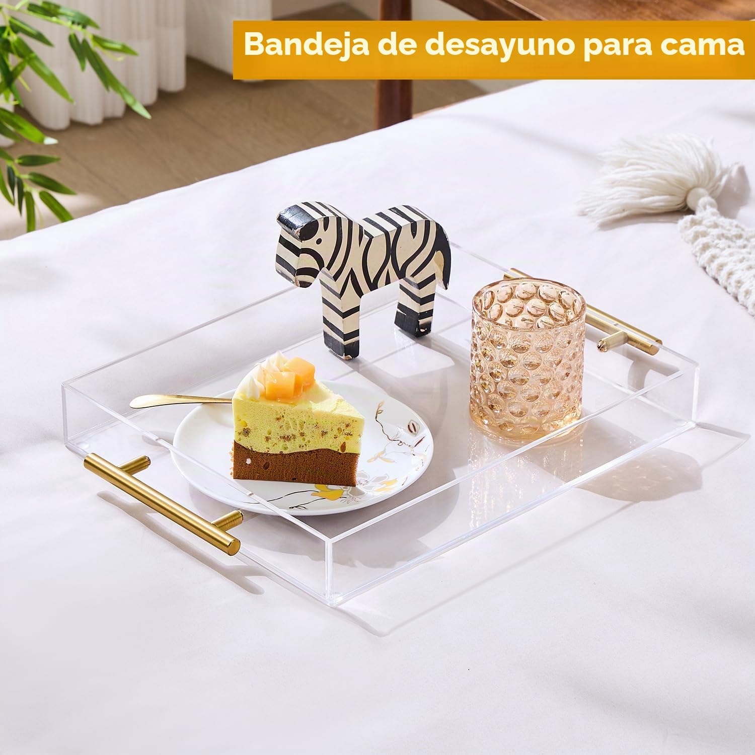 Bandeja de acrílico con Mango de Oro, Bandeja de Cocina, Bandeja de Servicio, Bandeja de Desayuno, Mesa de café, Mesa de café, Bandeja Decorativa (36cm x 28cm x 5cm)