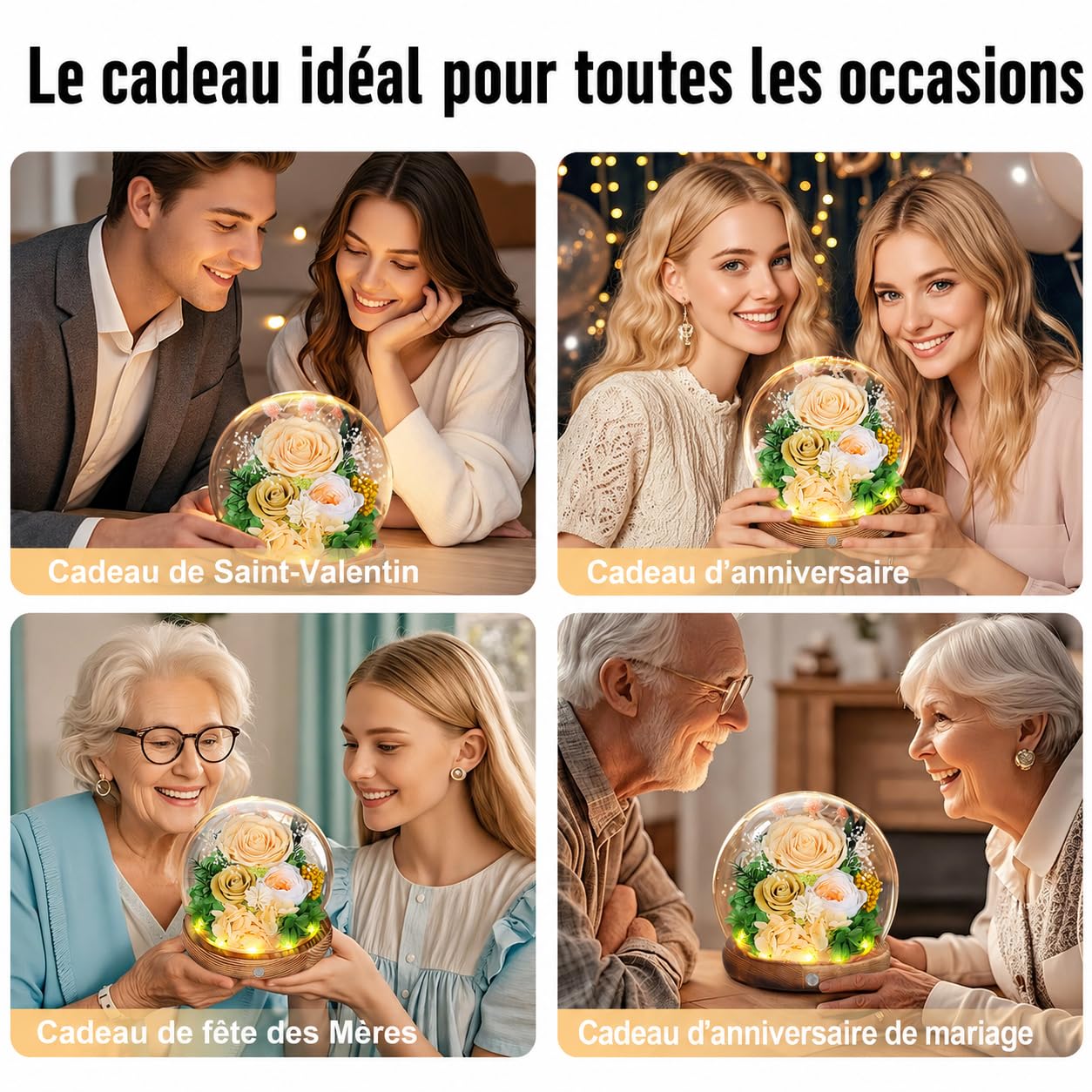 Rose Eternelle sous Cloche avec LED, Fleur Eternelle Cadeau, Boite Rose Eternelle, Cadeau pour Femme, Copine, Amie, Mere, Grand Mere, pour St-Valentin, Anniversaire, Fete des Meres (Champagne)