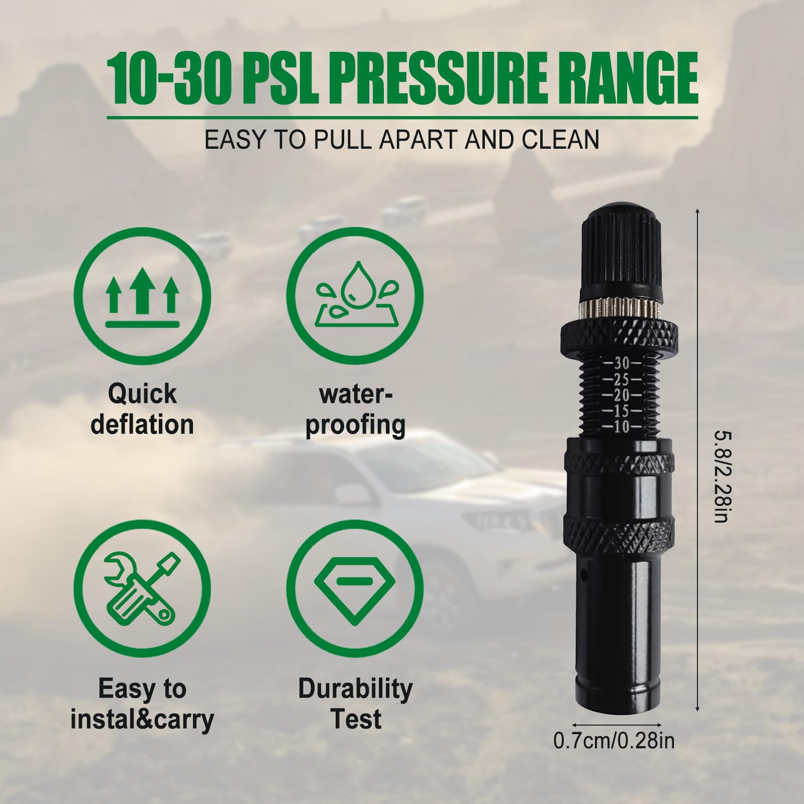 Zawór spustowy opon, automatyczny zestaw do spustu opon, regulowany zawór spustu opon z automatycznym zatrzymaniem, 10-30 PSI, deflatory ciśnienia w oponach, zawór odpowietrzający do samochodu, SUV-a,