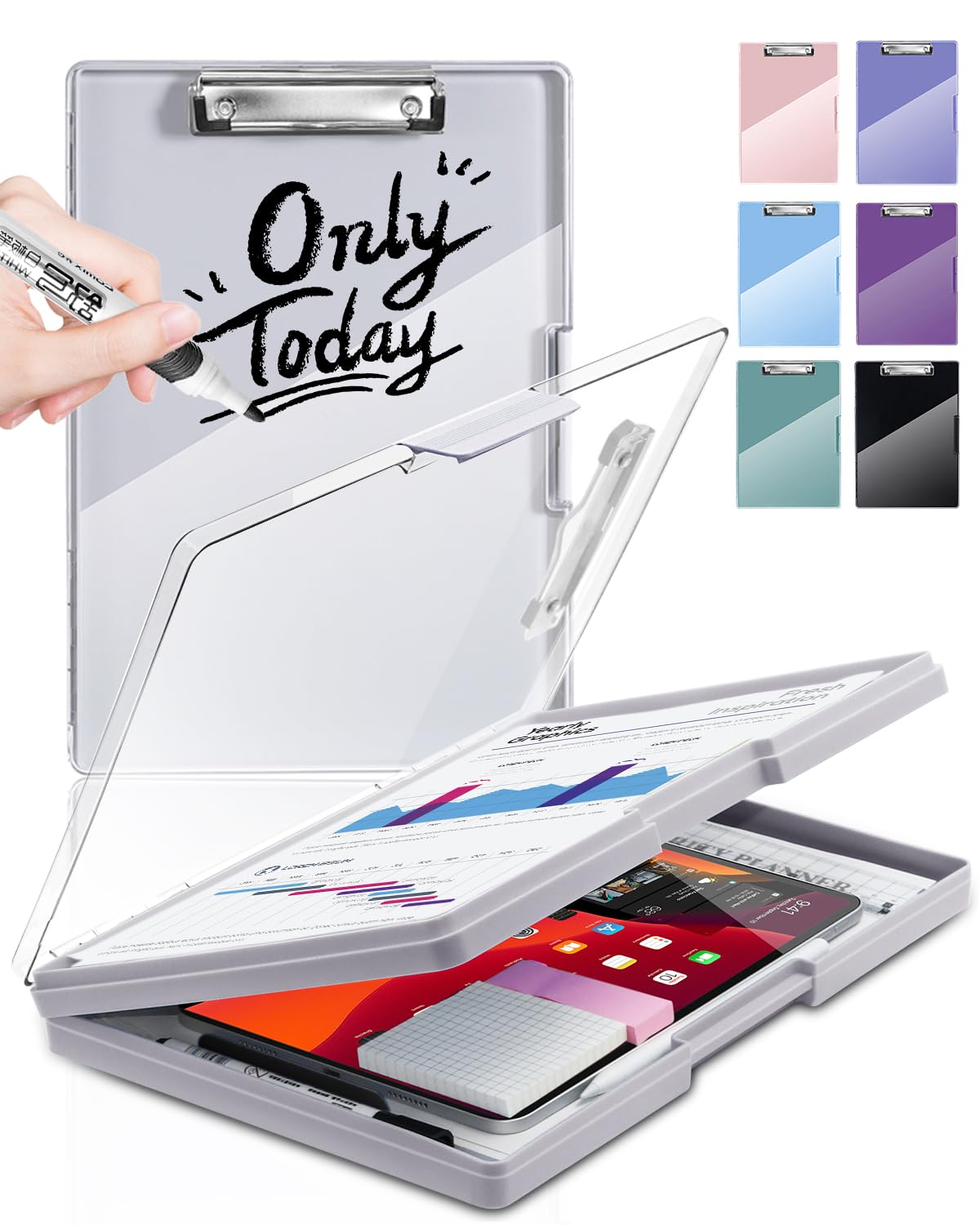 Clipboard with Storage,Heavy Duty Clip Boards 8.5x11 with 2 Storage Case,Visible Top Panel Storage Clipboards,Side Opening Clip Boards,Nursing Clipboard Folder Case for Office Supplies-White Gray