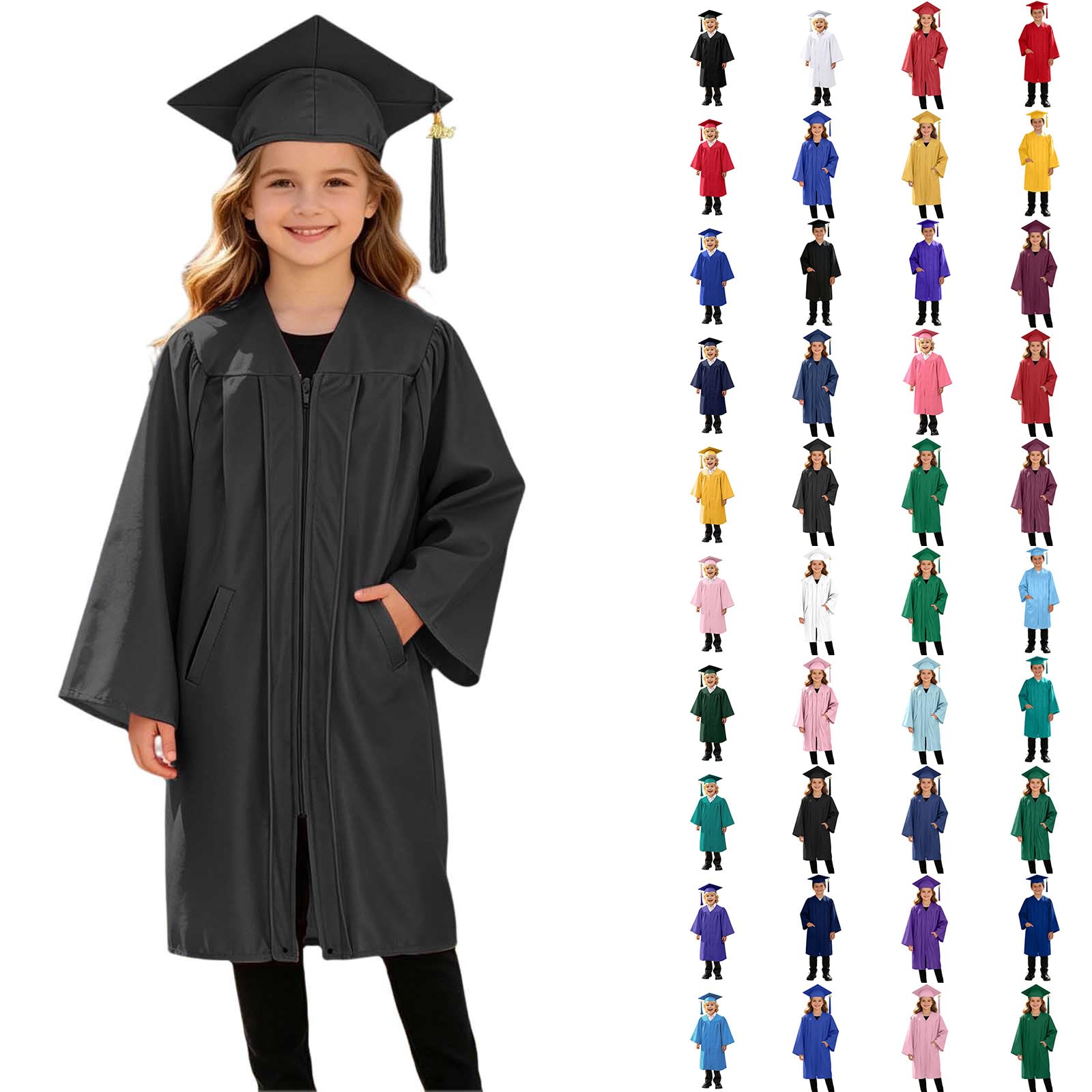 3 Piece Graduation Set for Kids, Gown, Cap, Gold 2026 Tassel, Unisex Boys Girls Preschool Kindergarten Primary School Graduation Gown and Cap Dress Up Props Costume, 15-Black