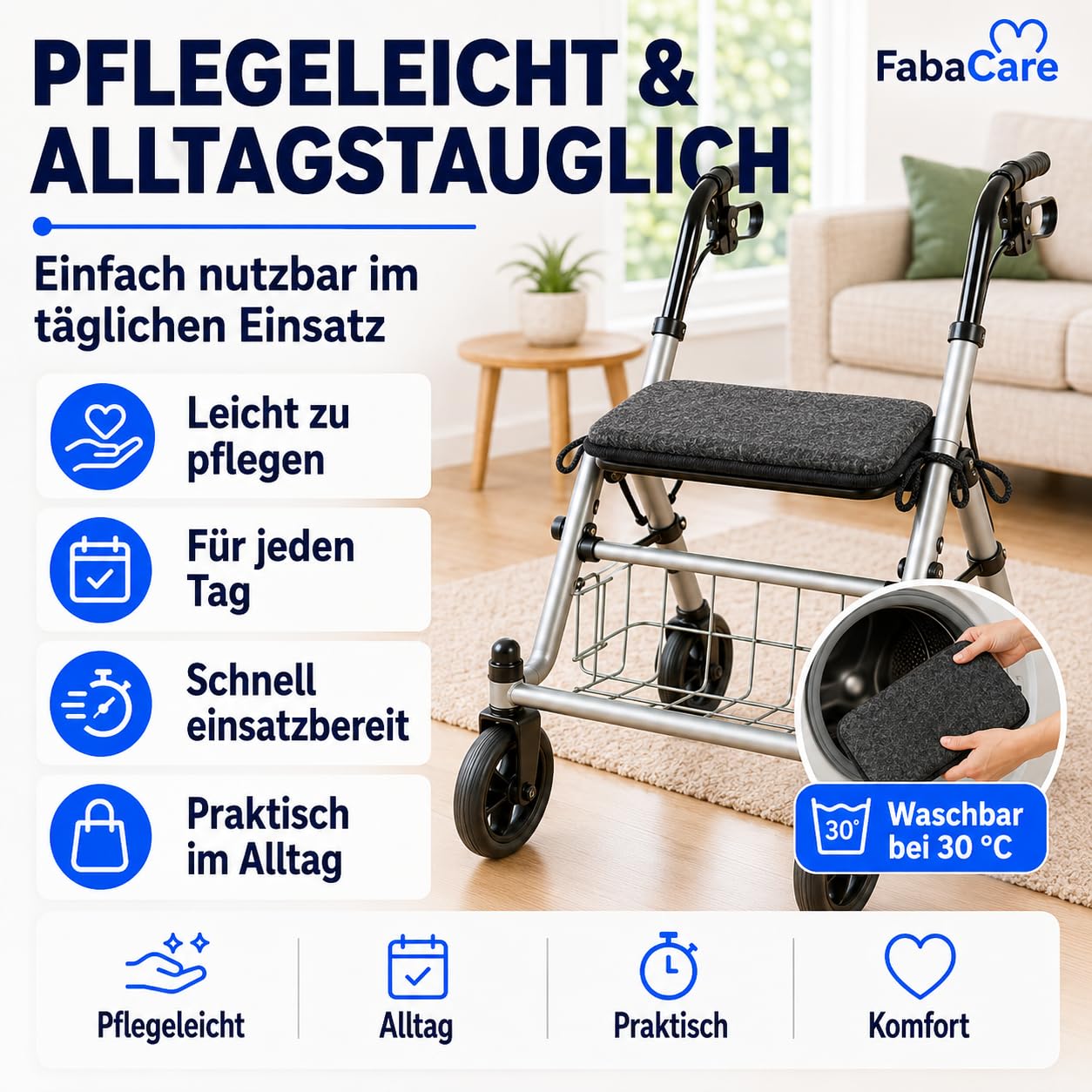 FabaCare Rollator Sitzpolster 40x20 cm Anthrazit | 100 % Schurwolle-Sitzkissen mit 2 Befestigungsbändern, Schaumstoffkern, atmungsaktiv, bequem & bei 30 °C waschbar