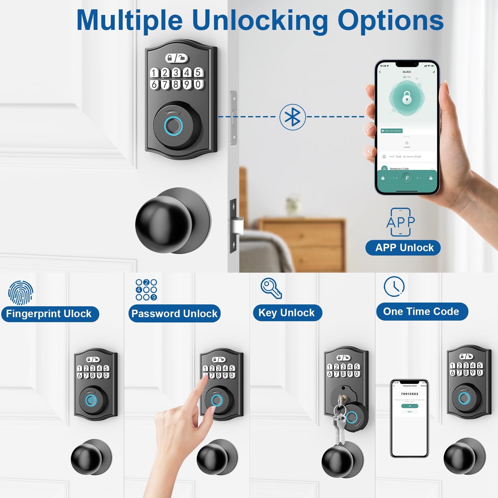 Serratura per porta d'ingresso senza chiave con set di maniglie, tastiera elettronica Deadbolt Smart Set di serratura per porta anteriore con 2 manopole, controllo APP, impronte digitali,