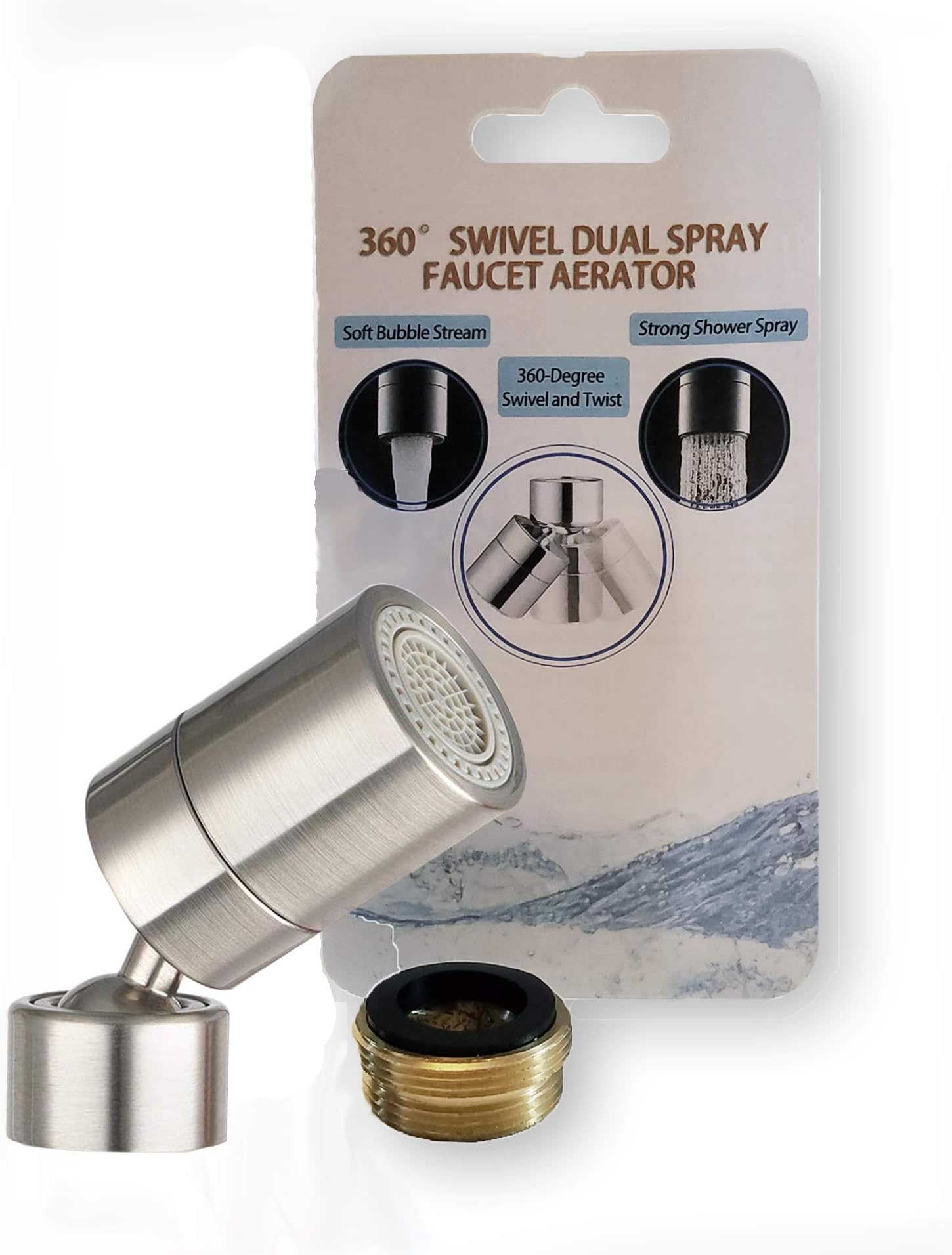 TOTOMO Kitchen Sink Faucet Aerator (Solid Brass) 2 Spray-Mode (Shower&Bubble Stream) 360° Swivel Booster Sprayer Adapter Water Saving Head Attachment Replacement - Brushed Nickel/Big Angle Swive
